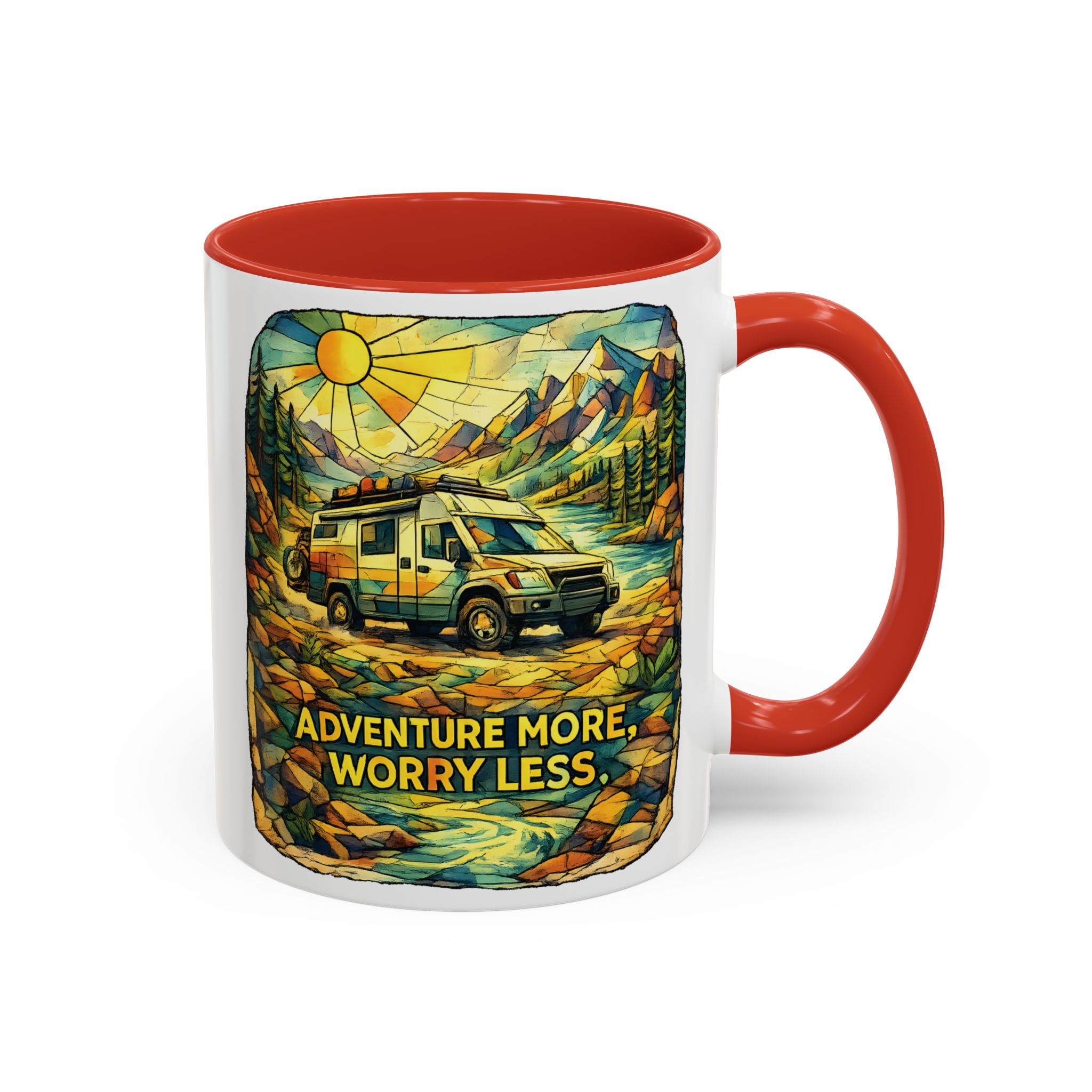 Accent Coffee Mug (11, 15oz) — "Adventure More Worry Less" Design Cubic-Line