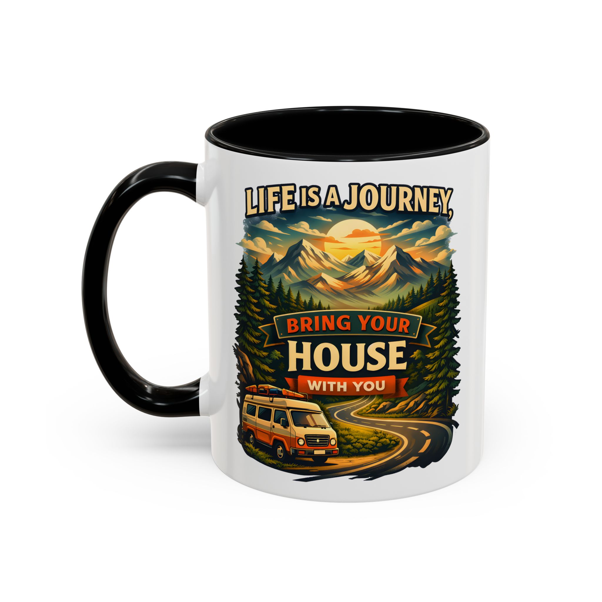 Accent Coffee Mug (11, 15oz) — "Live Is A Journey-Bring Your House With You" Design Scenic-Line