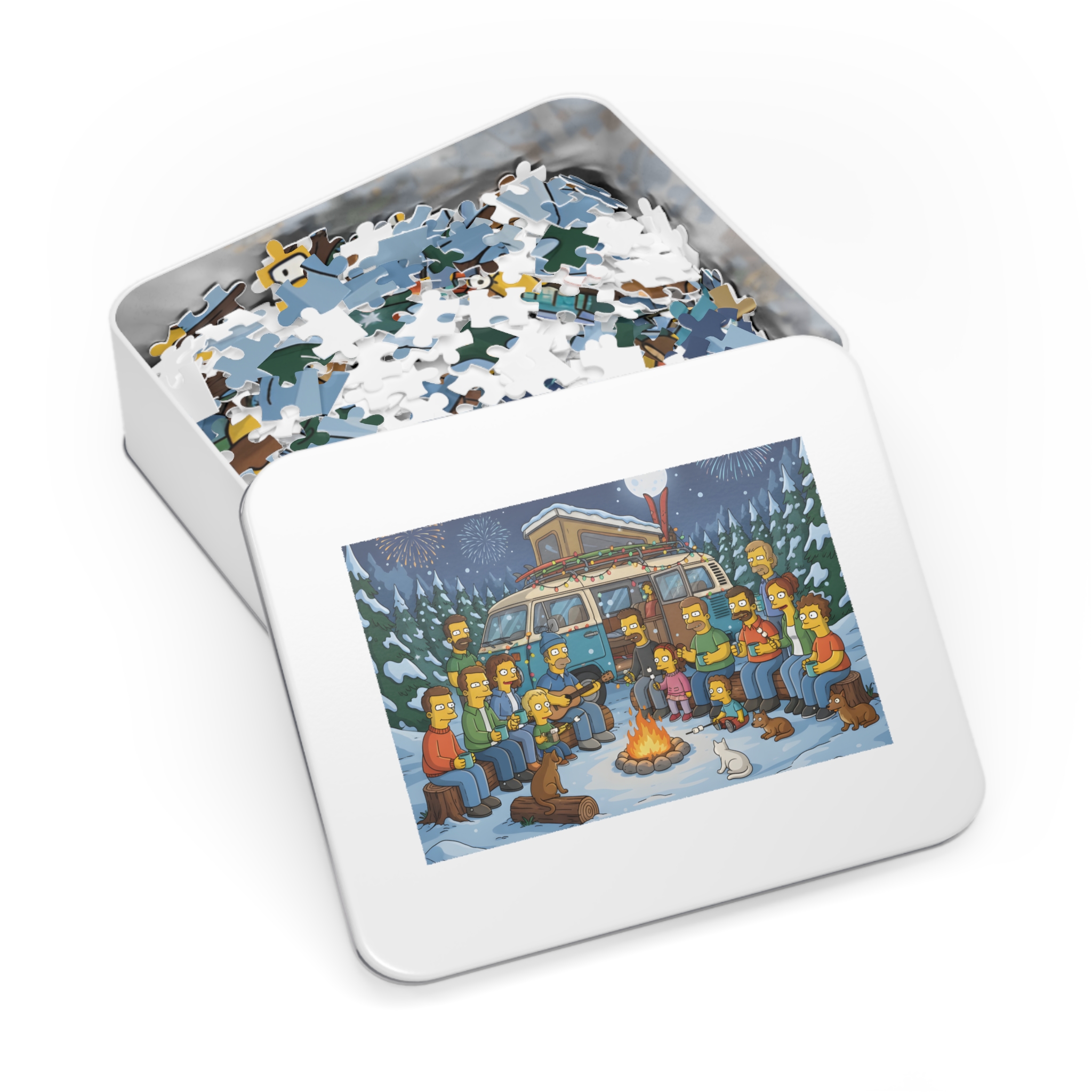Jigsaw Puzzle with Tin — Winter Campfire Scene