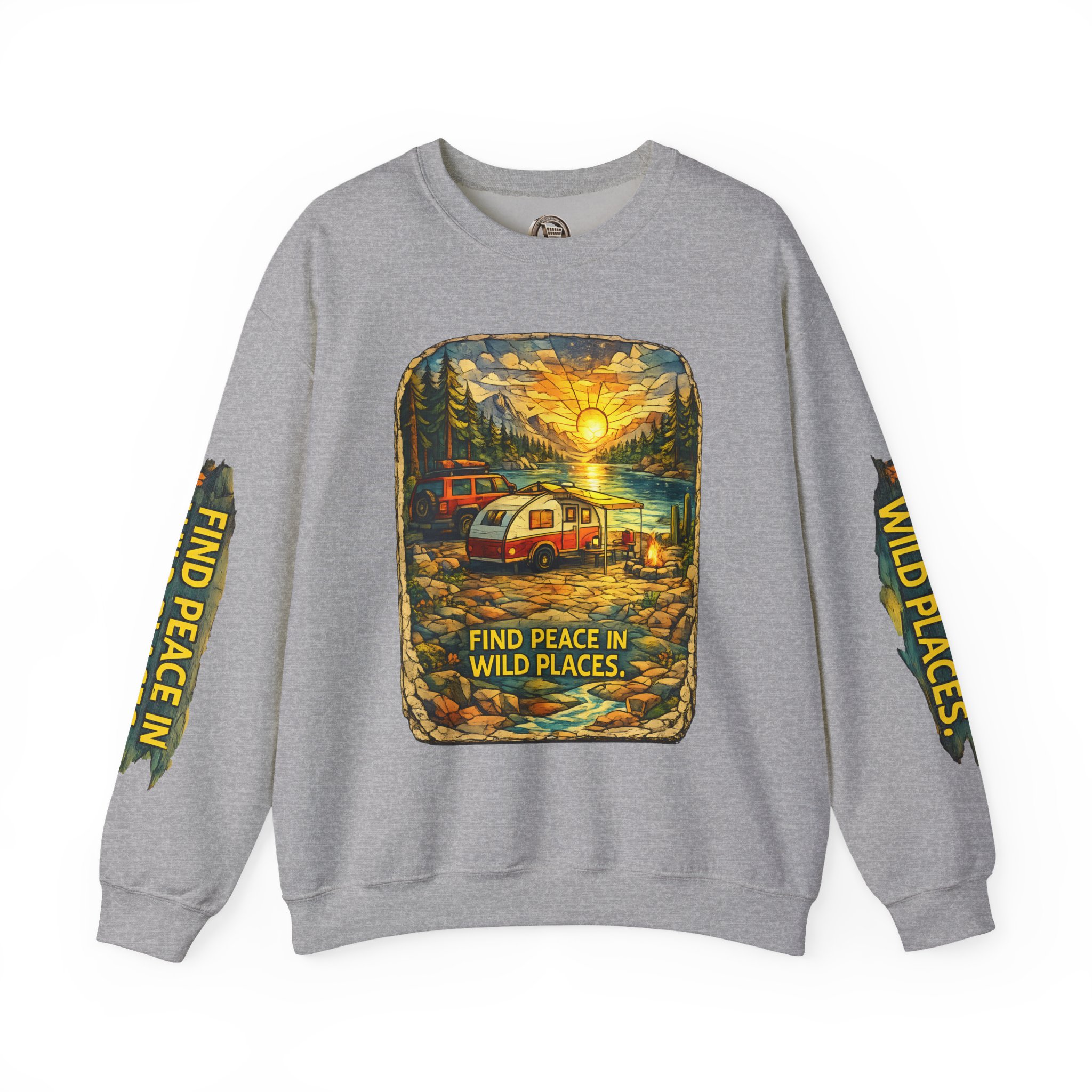 Unisex Heavy Blend™ Crewneck Sweatshirt — "Find Peace In Wild Places" Design Cubic-Line