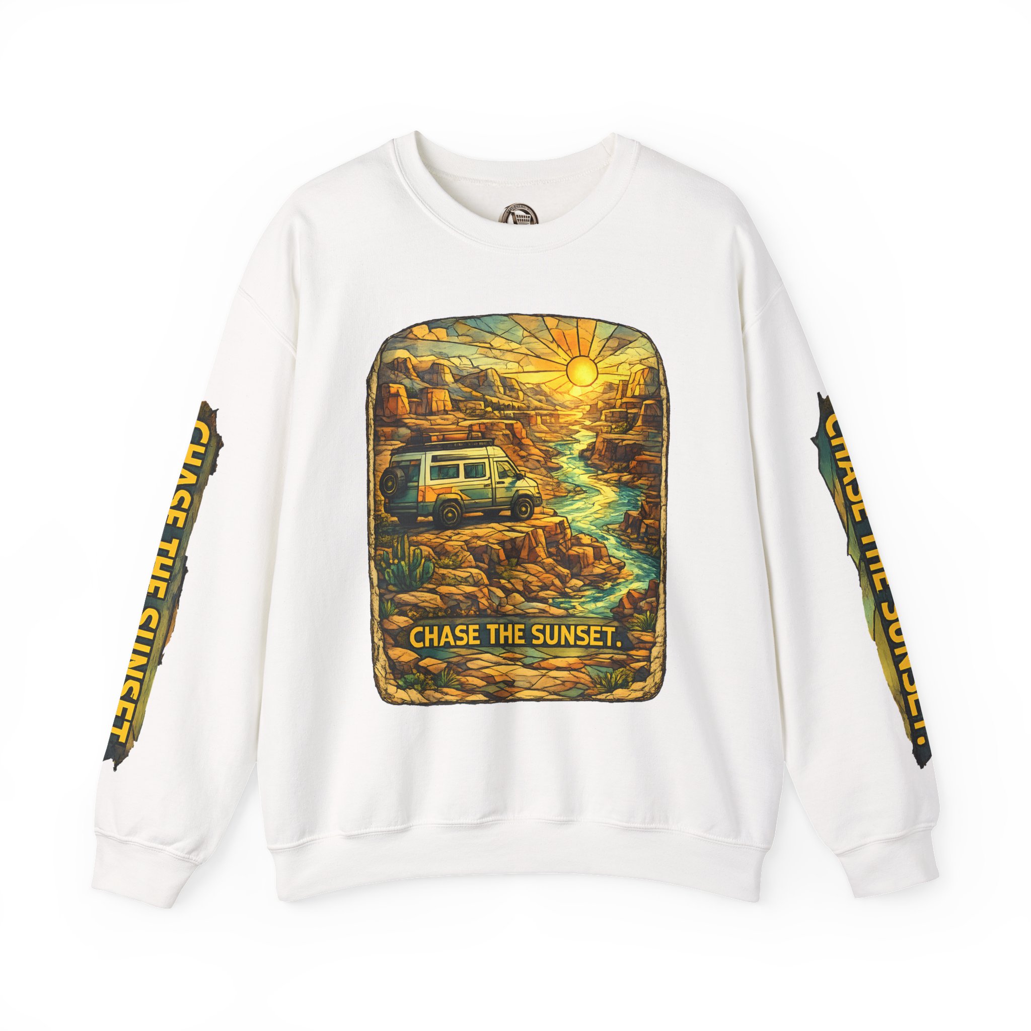 Unisex Heavy Blend™ Crewneck Sweatshirt — "Chase The Sunset" Design Cubic-Line