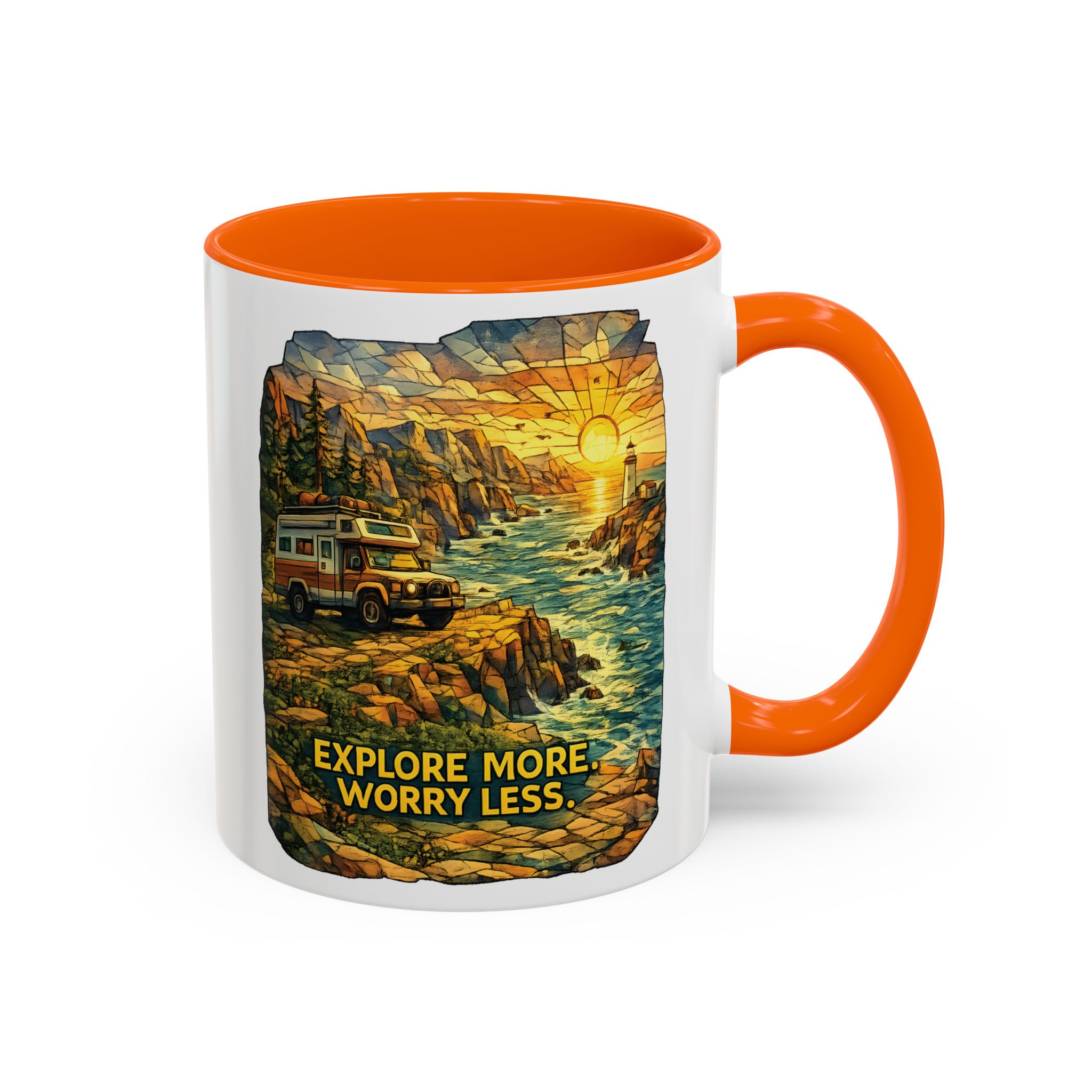 Accent Coffee Mug (11, 15oz) — "Explore More Worry Less" Design Cubic-Line