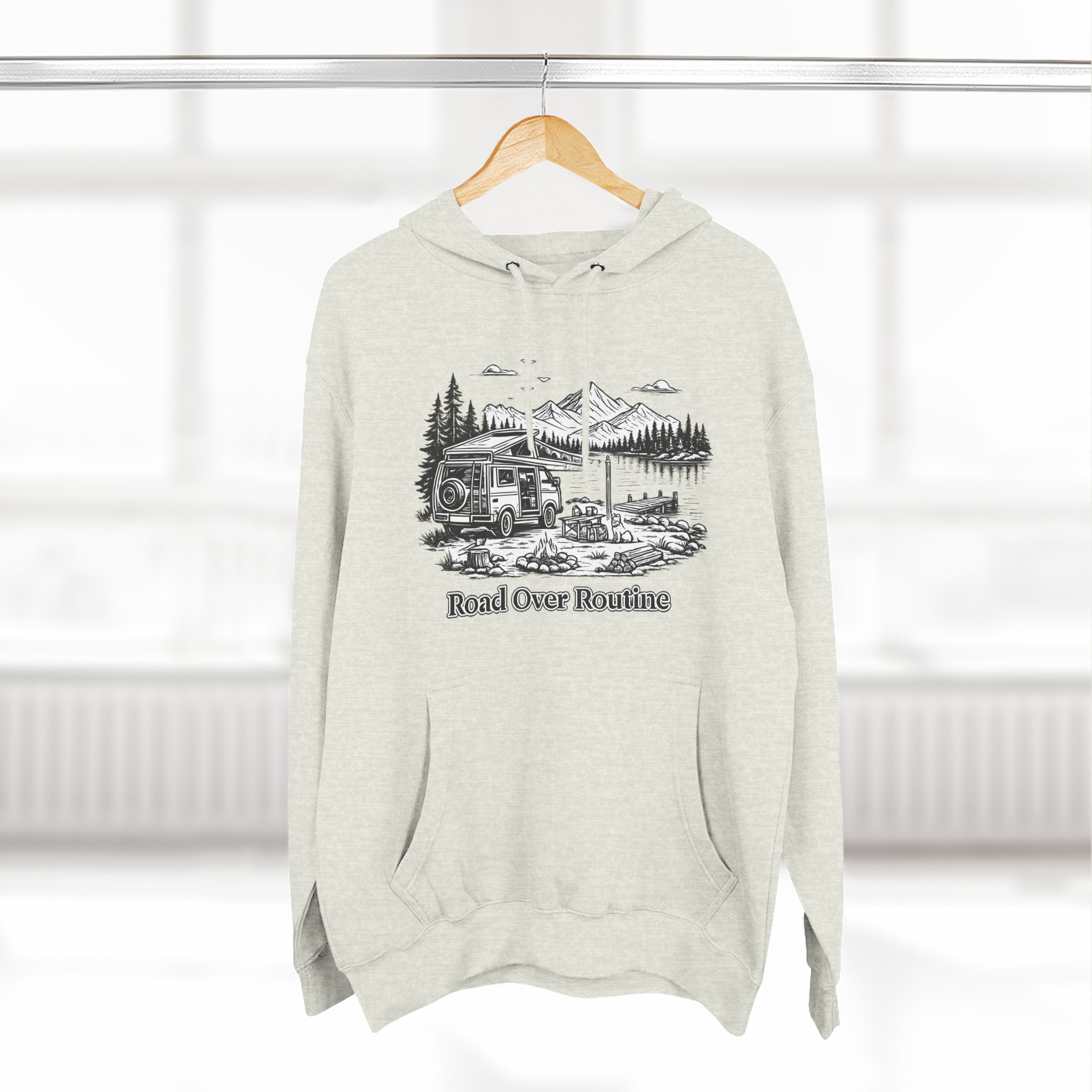 Three-Panel Fleece Hoodie - "Road Over Routine" Design Minimal-Line