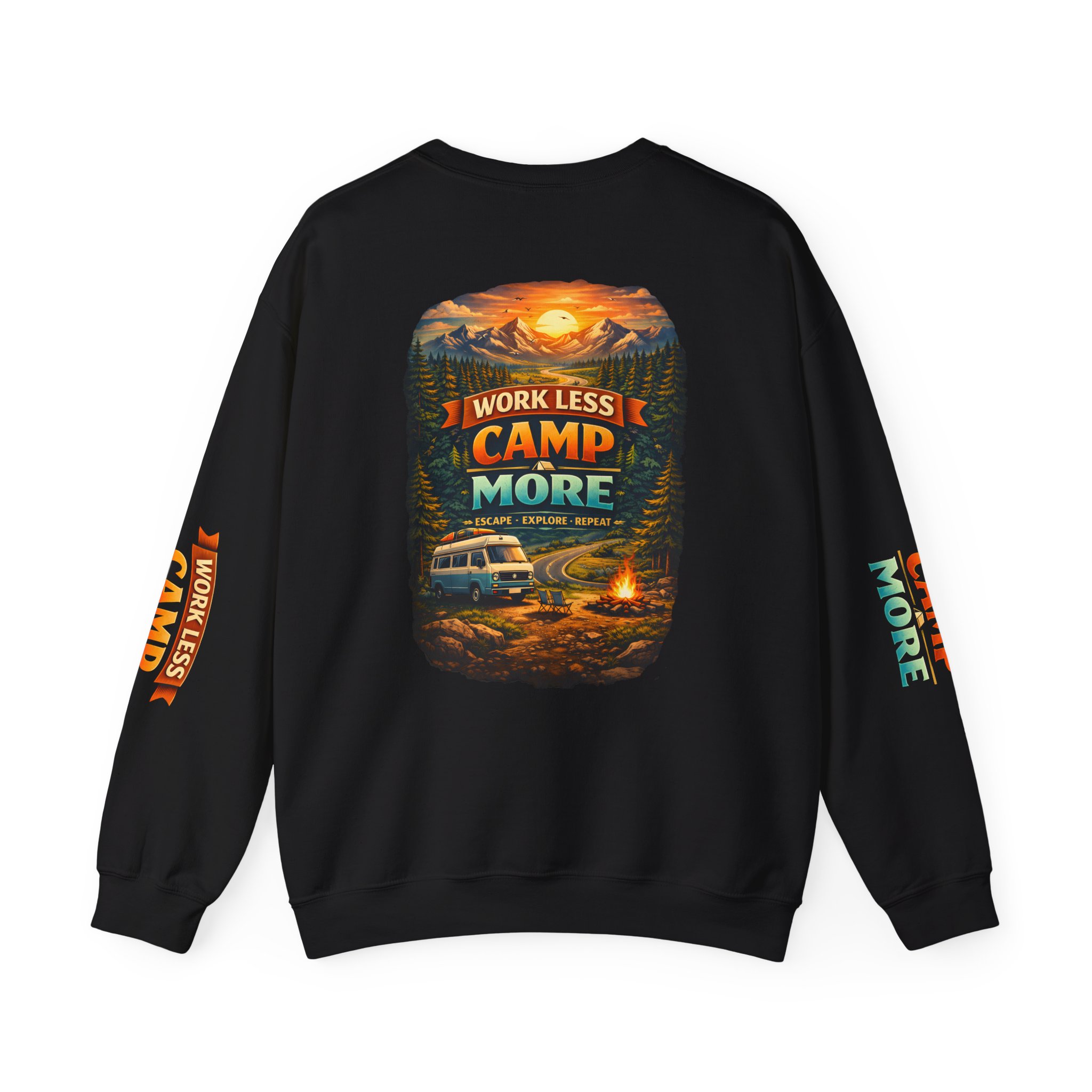 Unisex Heavy Blend™ Crewneck Sweatshirt — "Work Less-Camp More" Design Scenic-Line