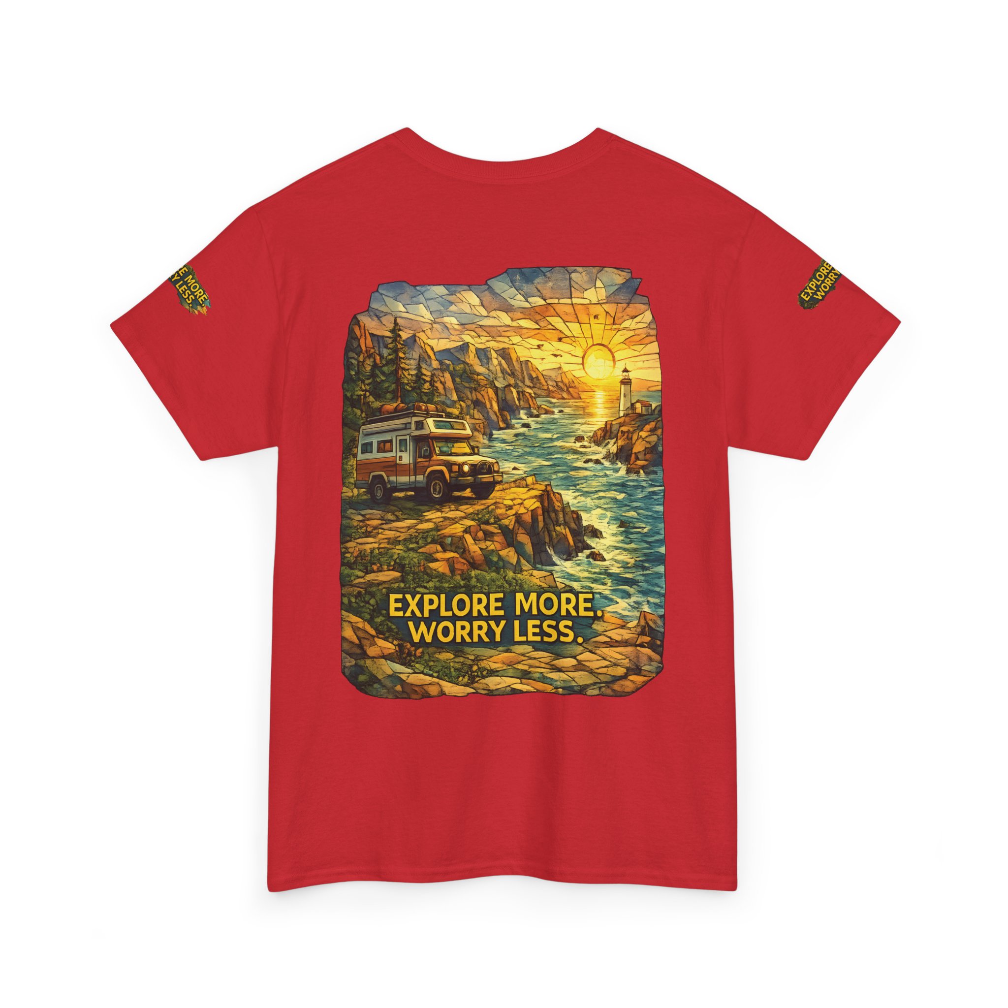 Unisex Heavy Cotton Tee — "Explore More Worry Less" Design Cubic-Line