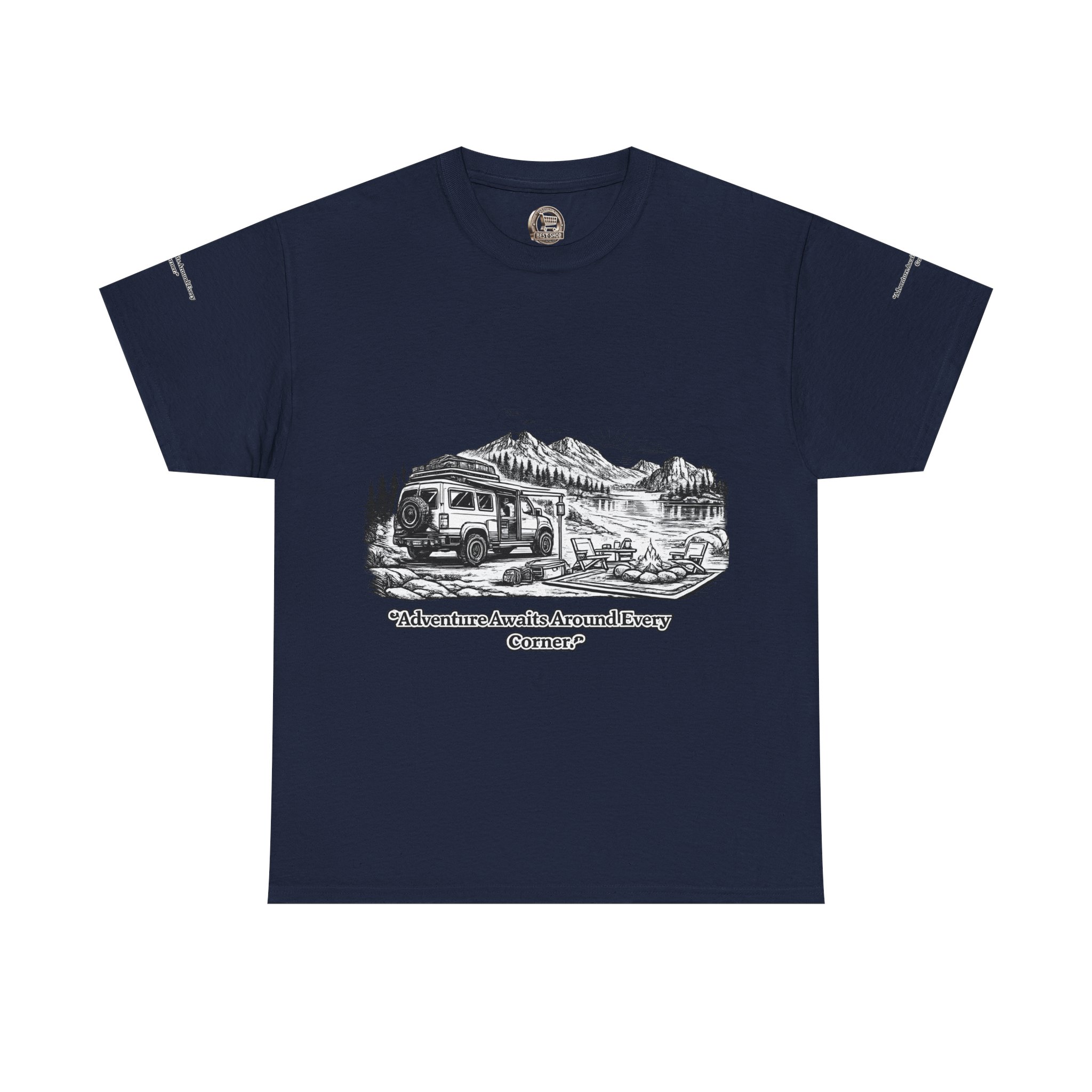 Unisex Heavy Cotton Tee — "Adventure Awaits Around Every Corner" Design Minimal-Line