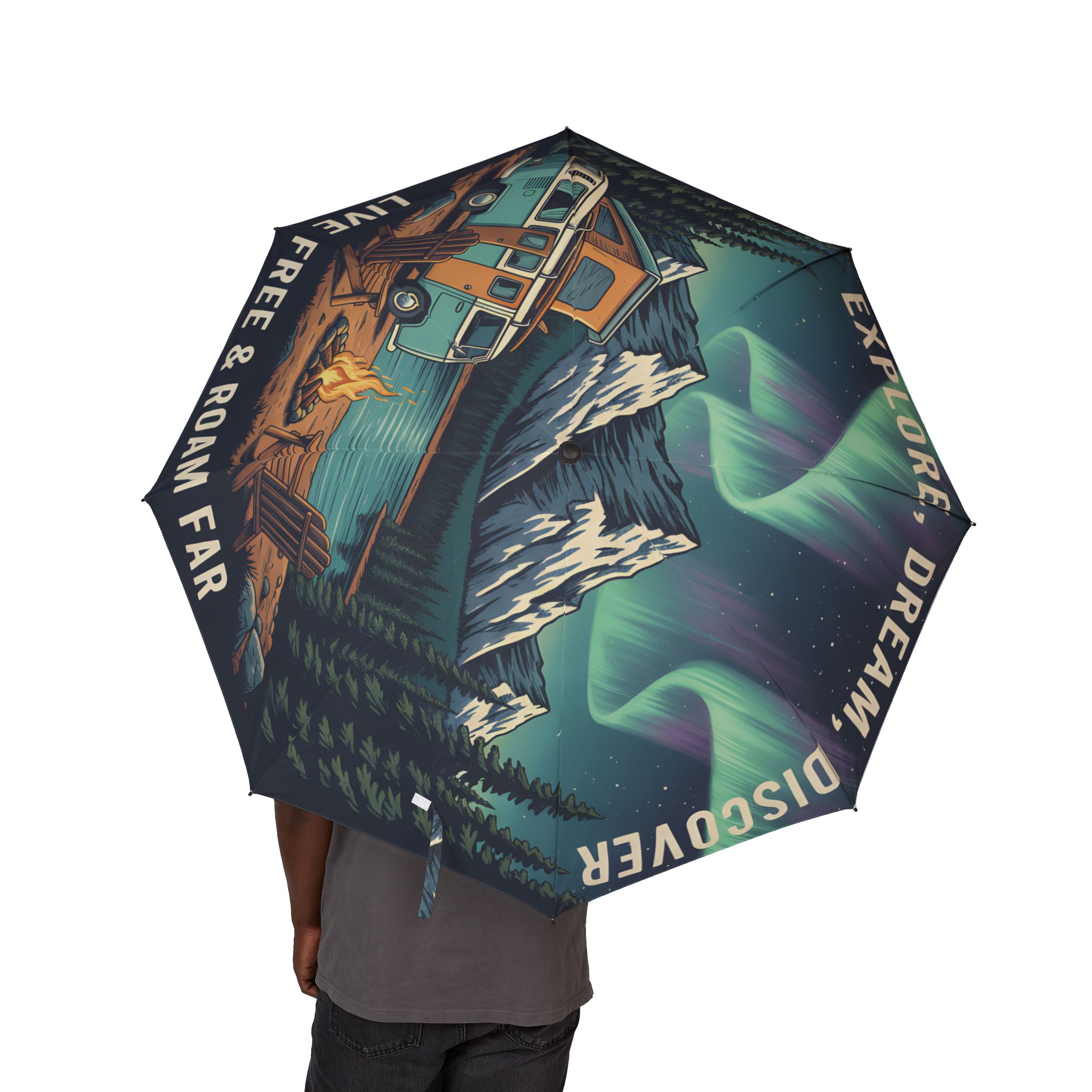 Semi-Automatic Foldable Umbrella — "Explore Dream Discover" Vintage Adventure Print