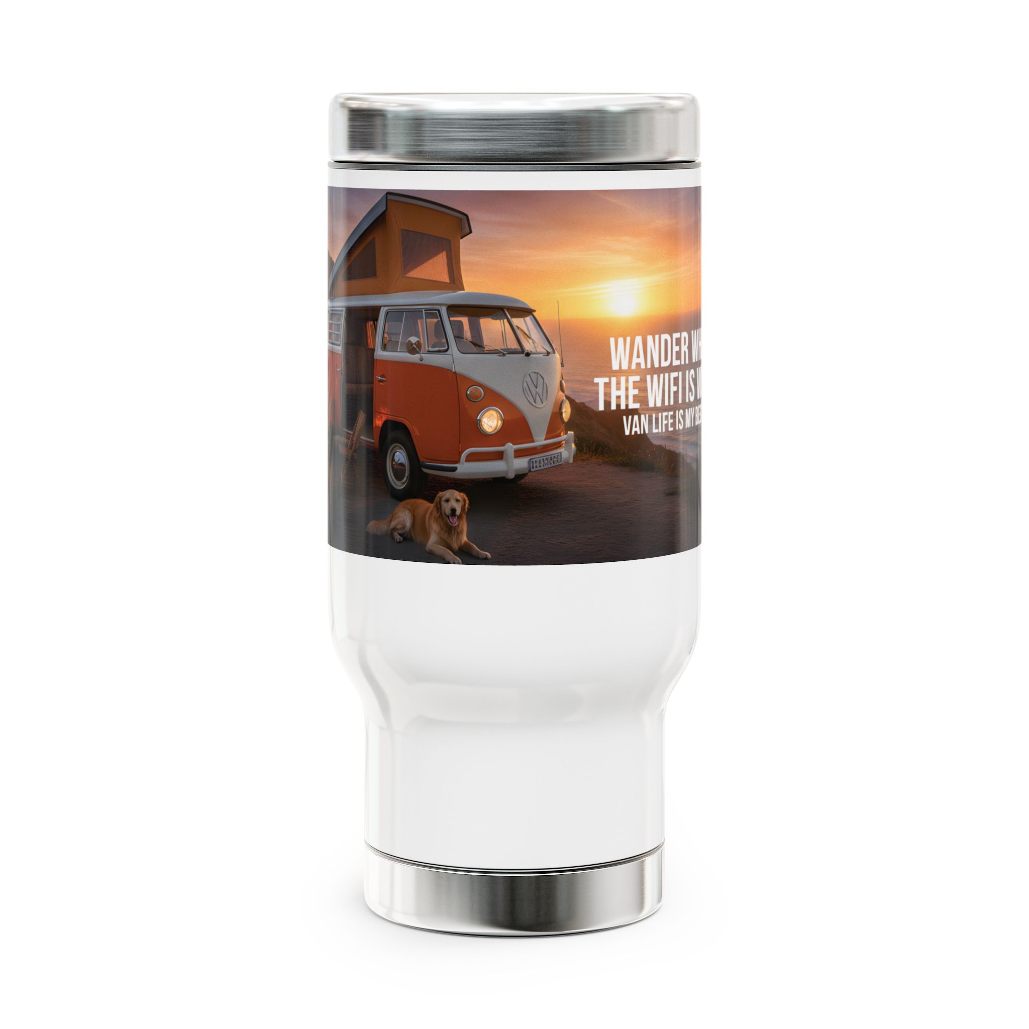 Stainless Steel Travel Mug with Handle, 14oz - "Wander where the wifi is weak"