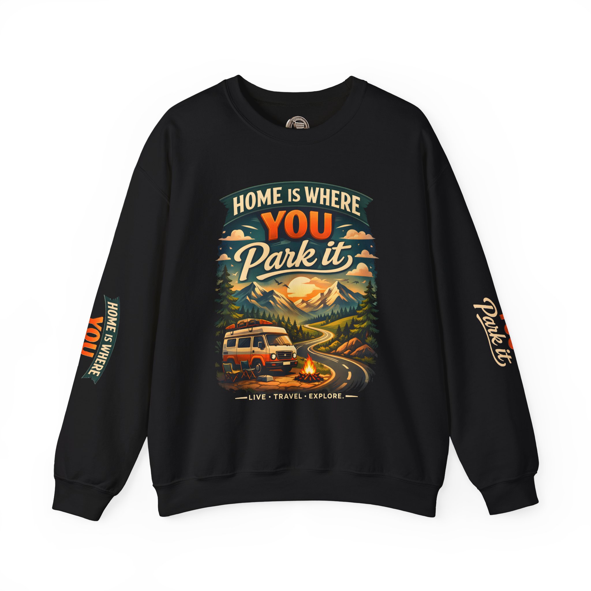 Unisex Heavy Blend™ Crewneck Sweatshirt — "Home Is Where You Park It" Design Scenic-Line