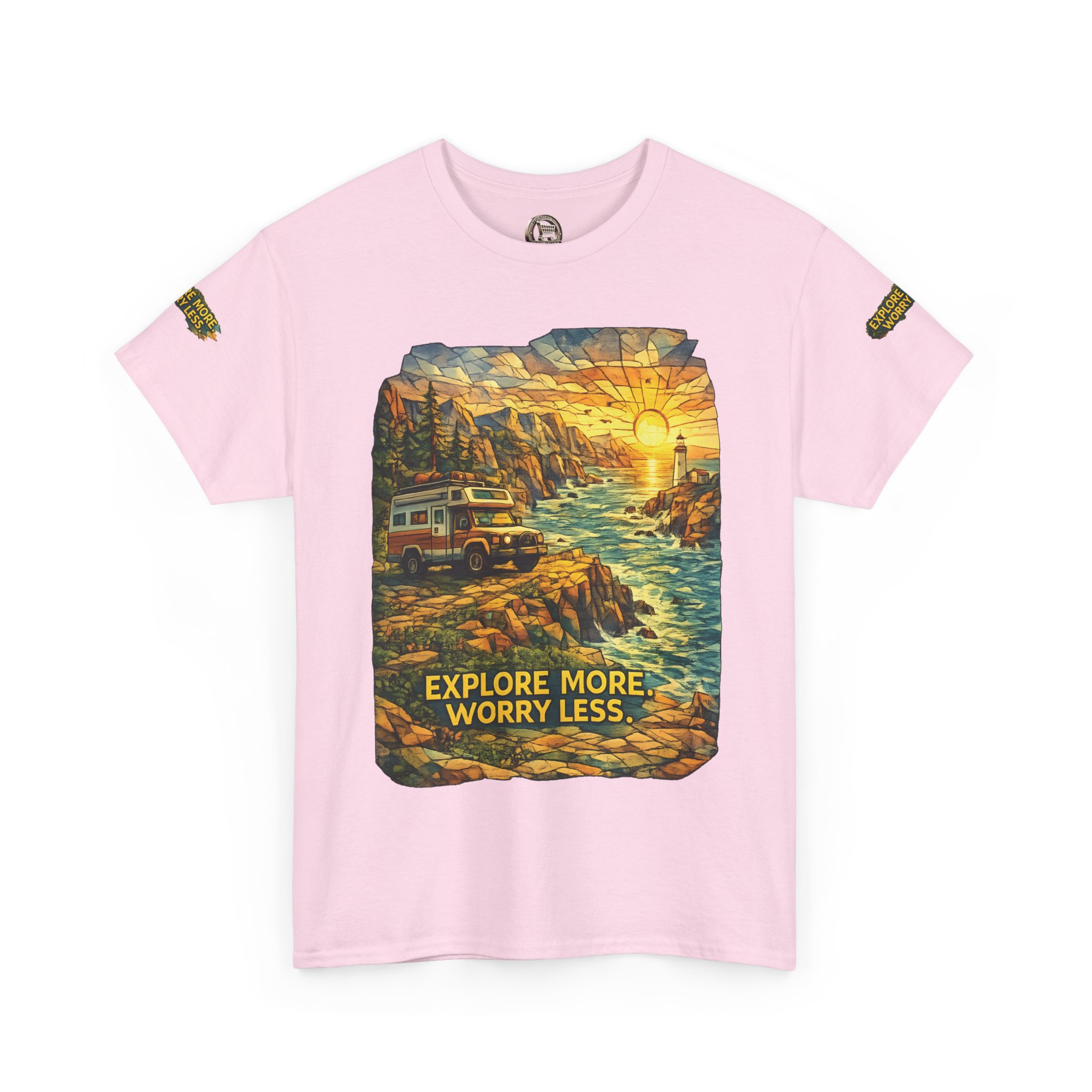 Unisex Heavy Cotton Tee — "Explore More Worry Less" Design Cubic-Line