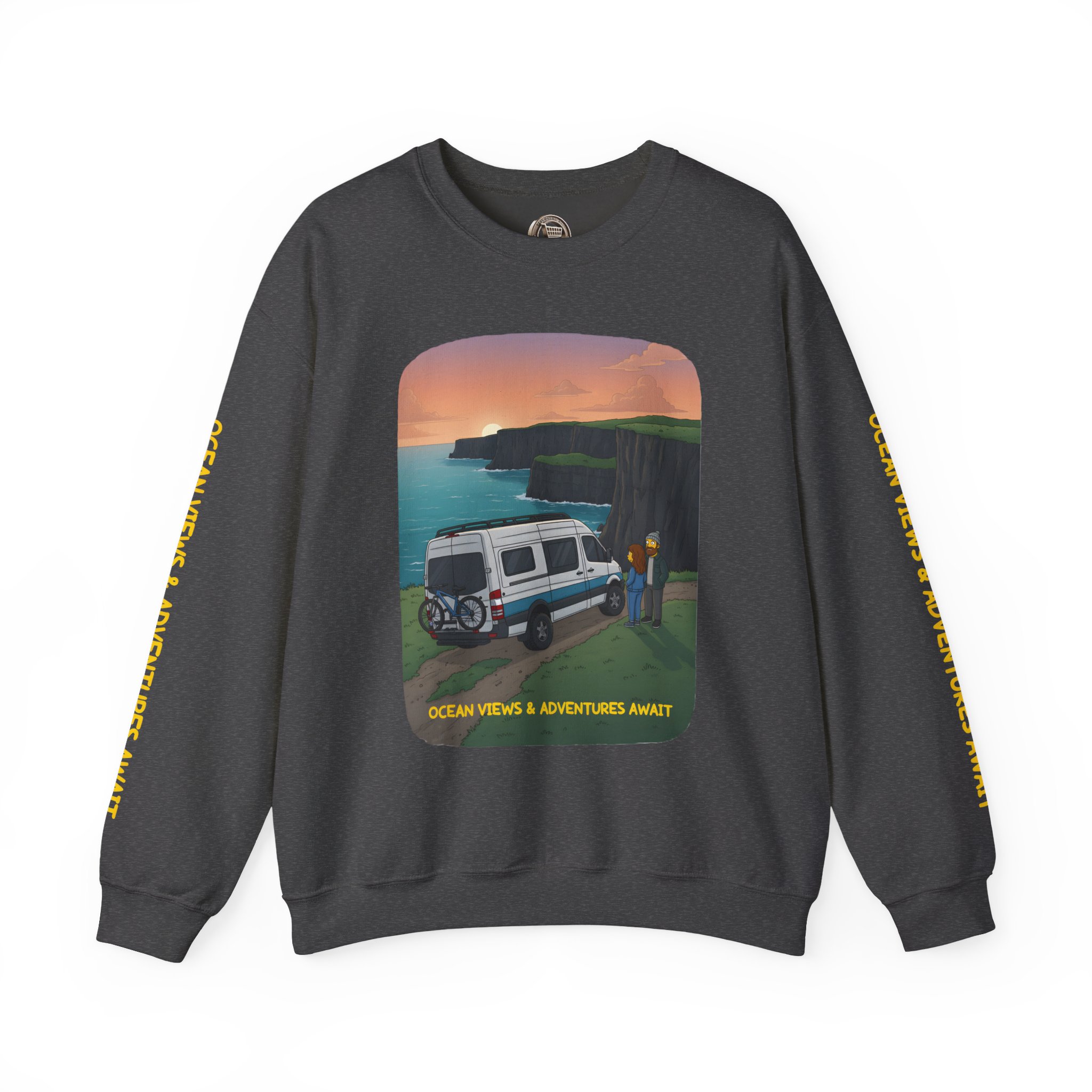 Unisex Heavy Blend™ Crewneck Sweatshirt — "Ocean Views-Adventures Awaits" Design Sitcom-Line