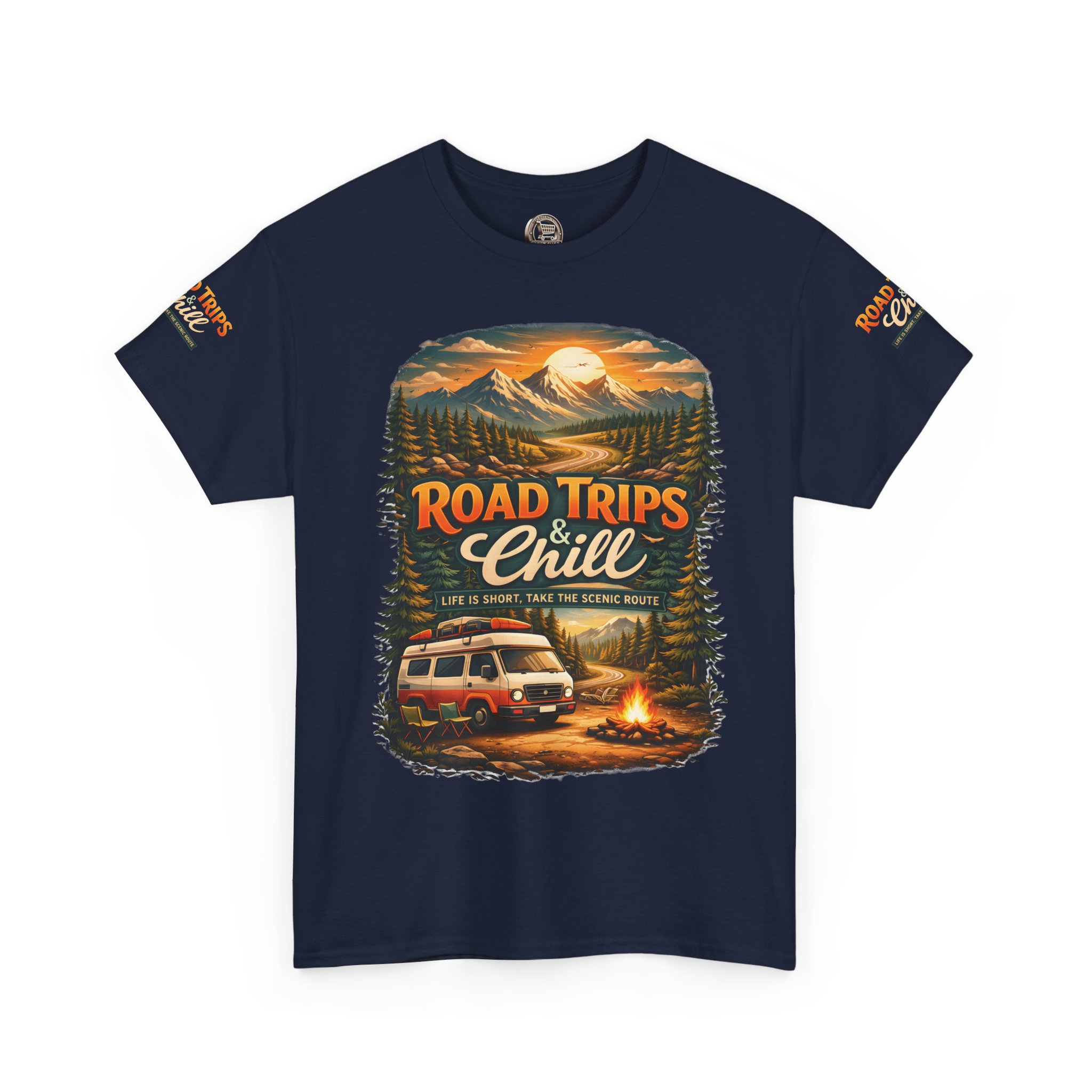 Unisex Heavy Cotton Tee — "Road Trips & Chill" Design Scenic-Line
