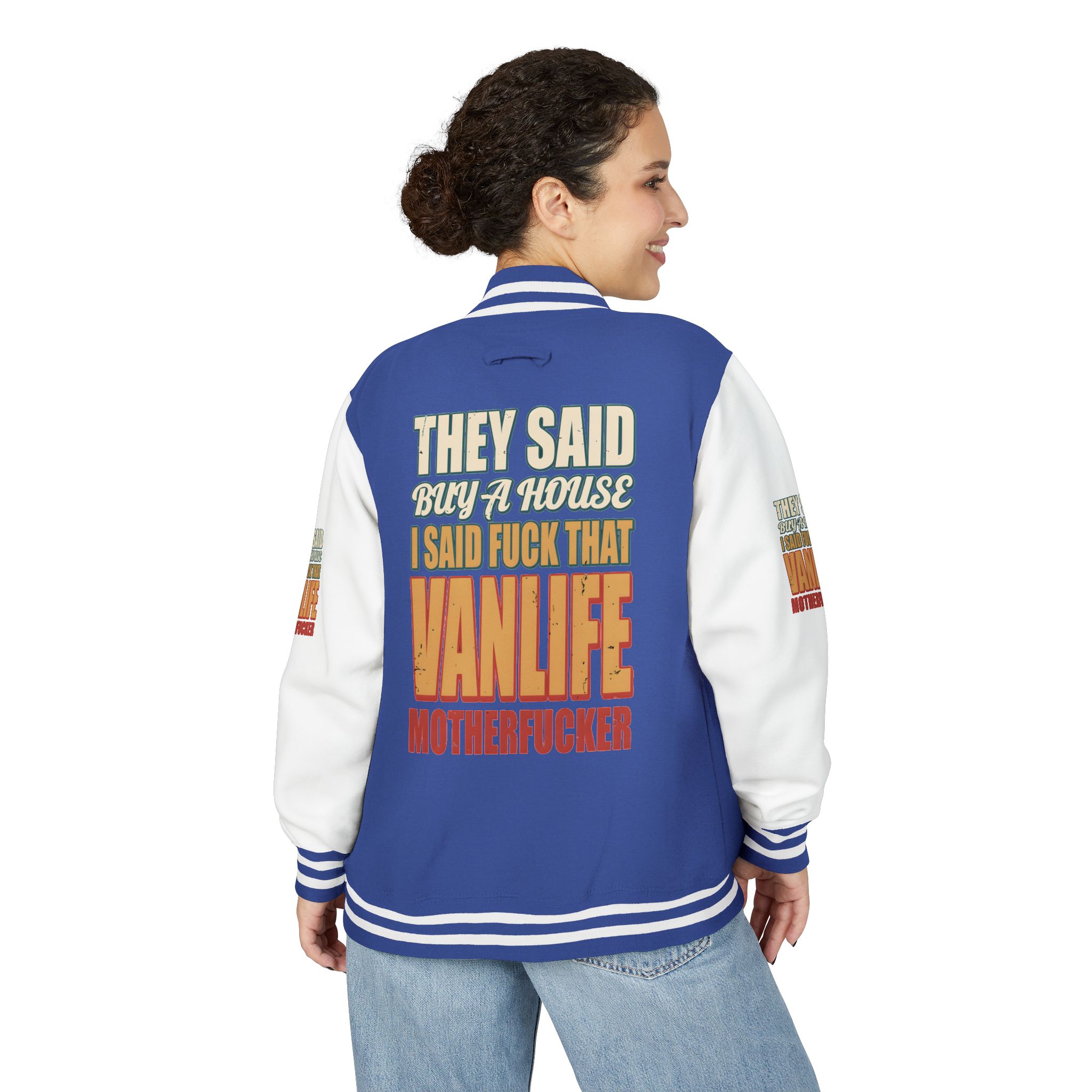 Unisex Heavyweight Letterman Jacket — "They Said Buy A House" Design F**K-Line
