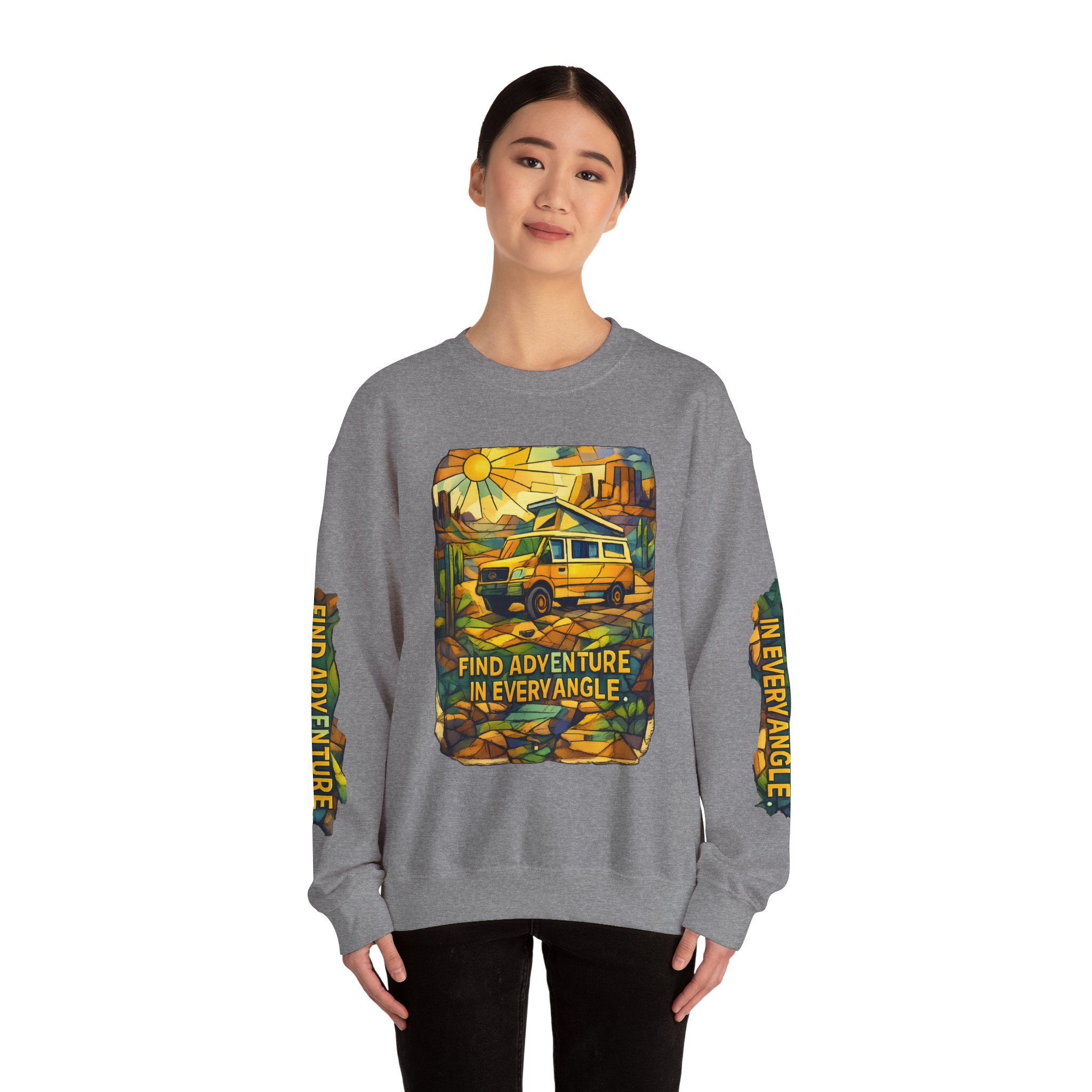 Unisex Heavy Blend™ Crewneck Sweatshirt — "Find Adventure In Every Corner" Design Cubic-Line