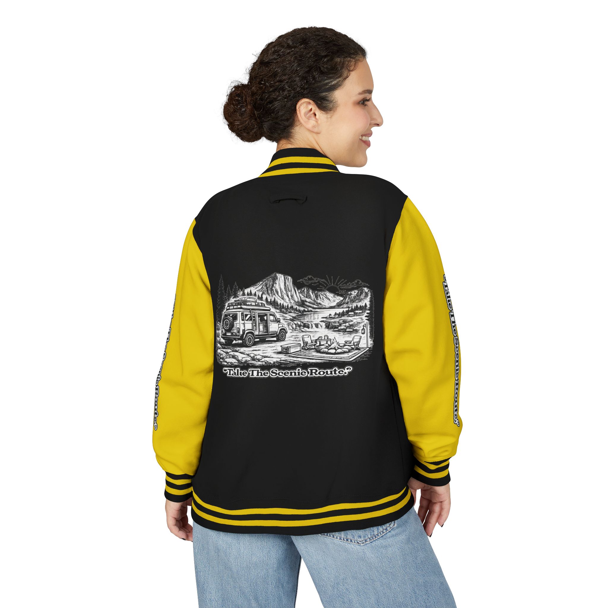 Unisex Heavyweight Letterman Jacket — "Take The Scenic Route" Travel Varsity Coat