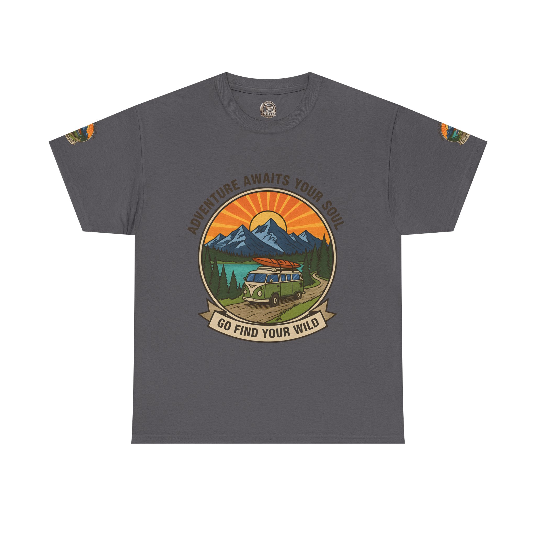 Unisex Heavy Cotton Tee — “Adventure Awaits Your Soul: Go Find Your Wild” Van & Mountain Graphic