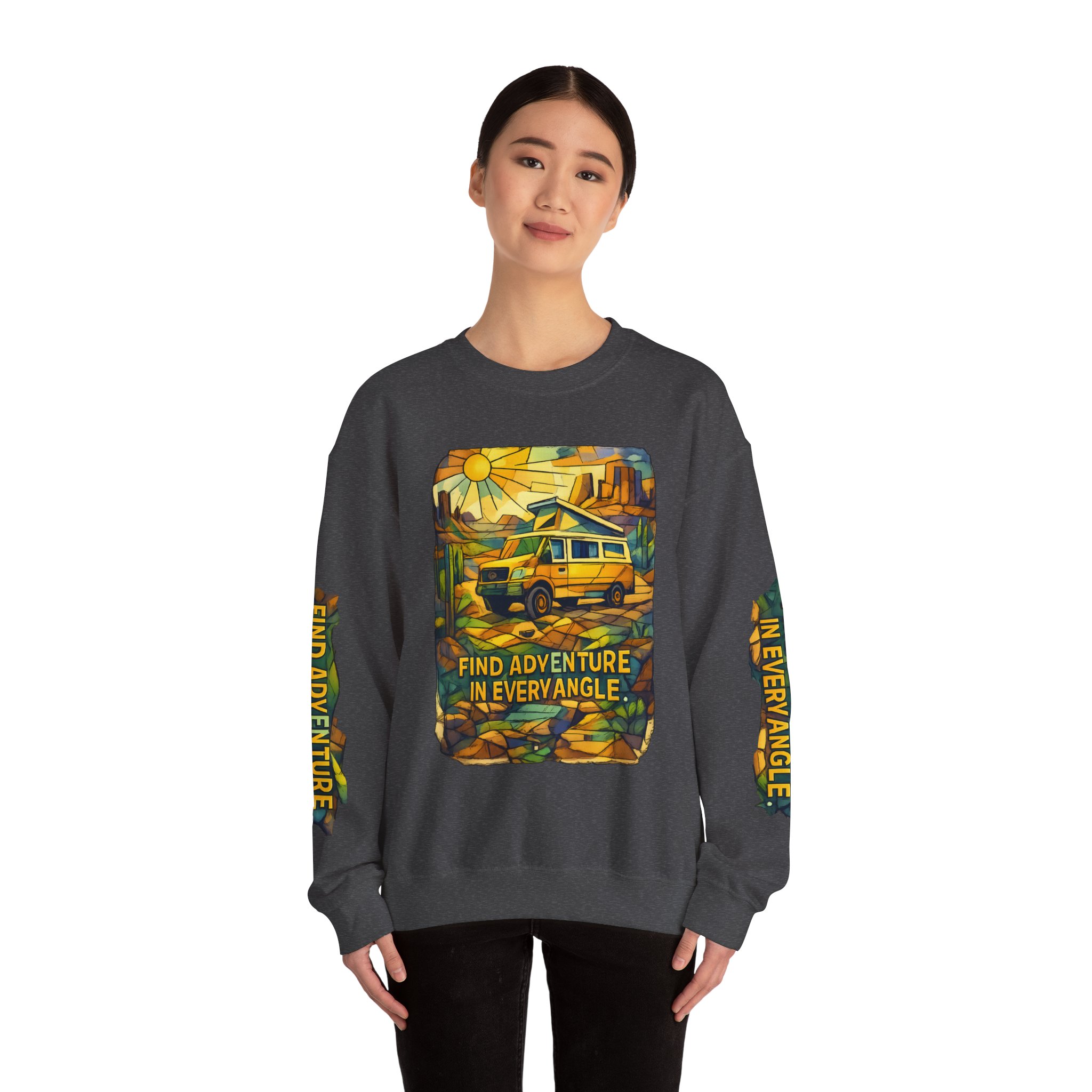 Unisex Heavy Blend™ Crewneck Sweatshirt — "Find Adventure In Every Corner" Design Cubic-Line
