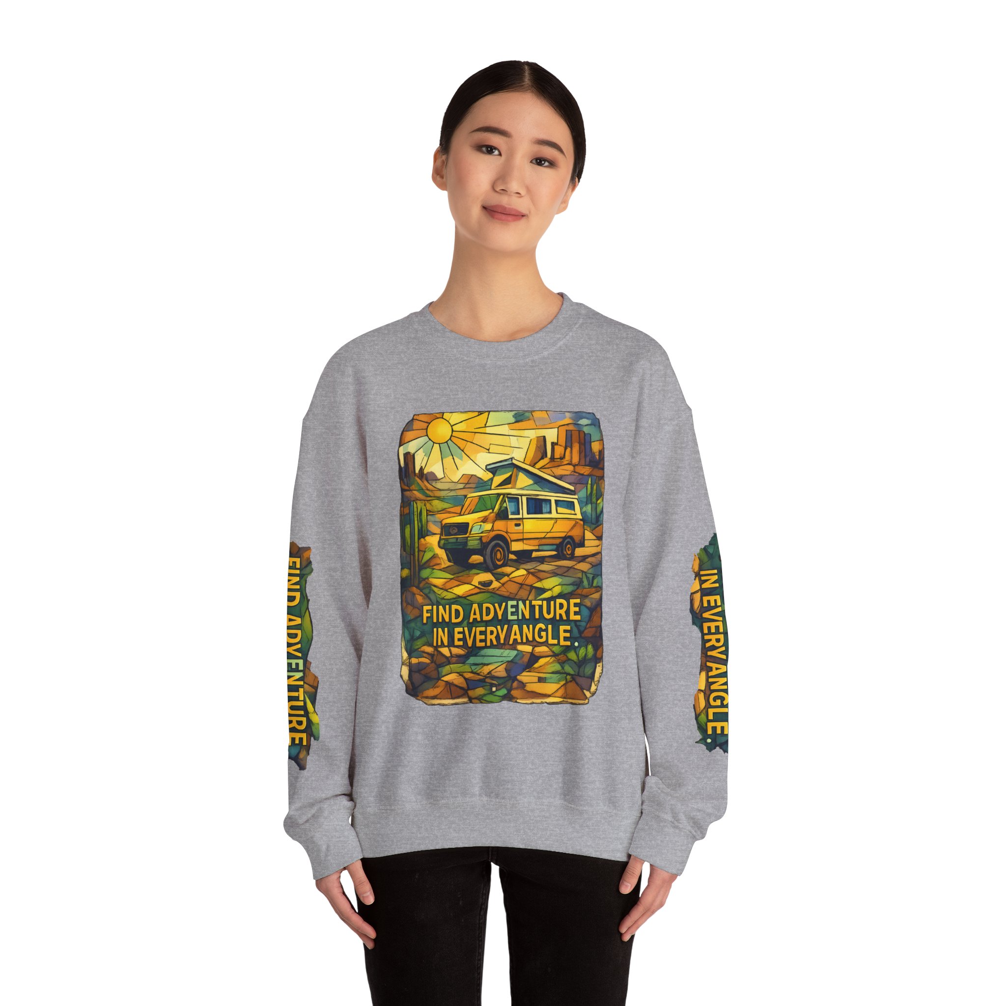 Unisex Heavy Blend™ Crewneck Sweatshirt — "Find Adventure In Every Corner" Design Cubic-Line