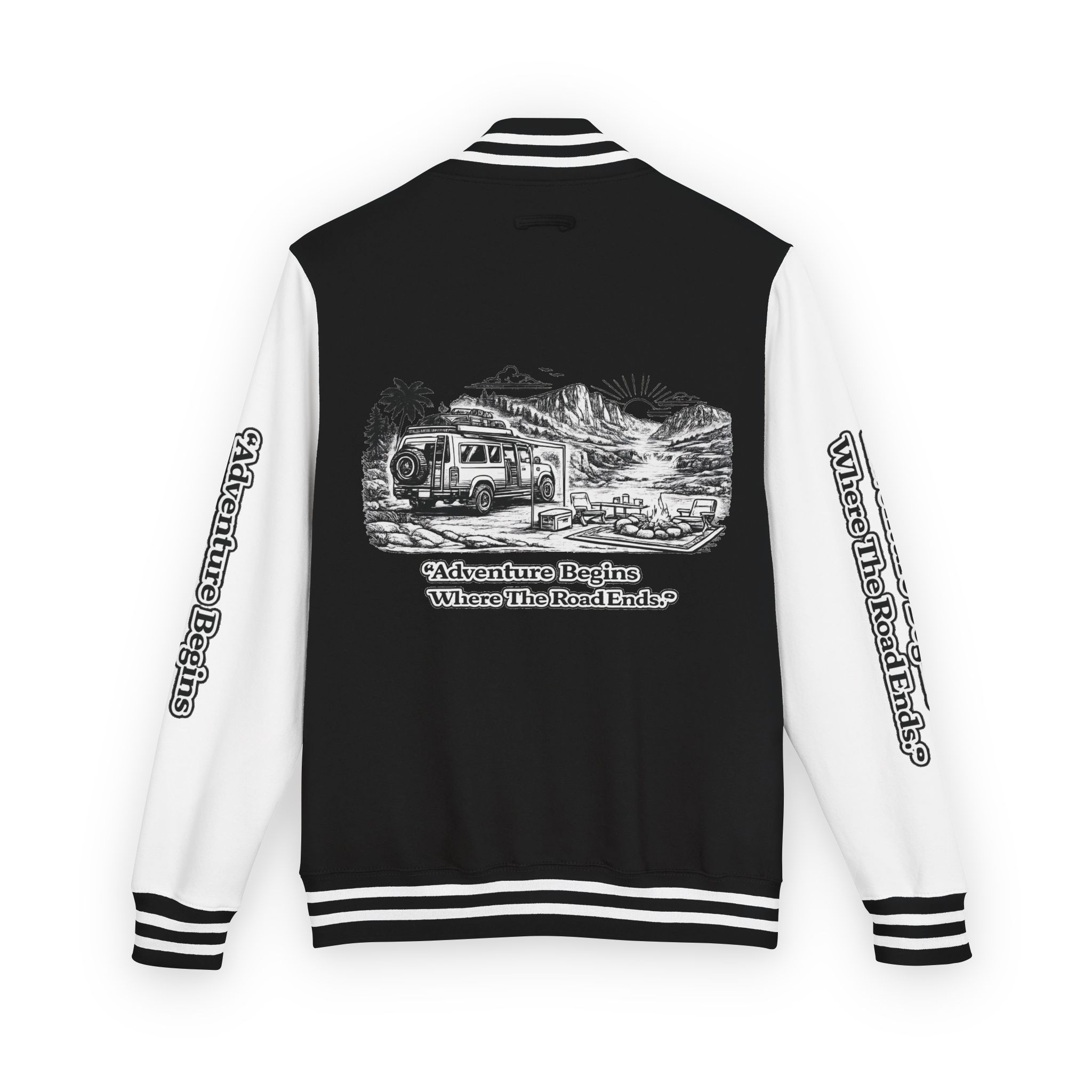 3142039224978334670_2048-1.jpeg Unisex Heavyweight Letterman Jacket — "Adventure Begins Where The Road Ends" Travel Varsity Coat