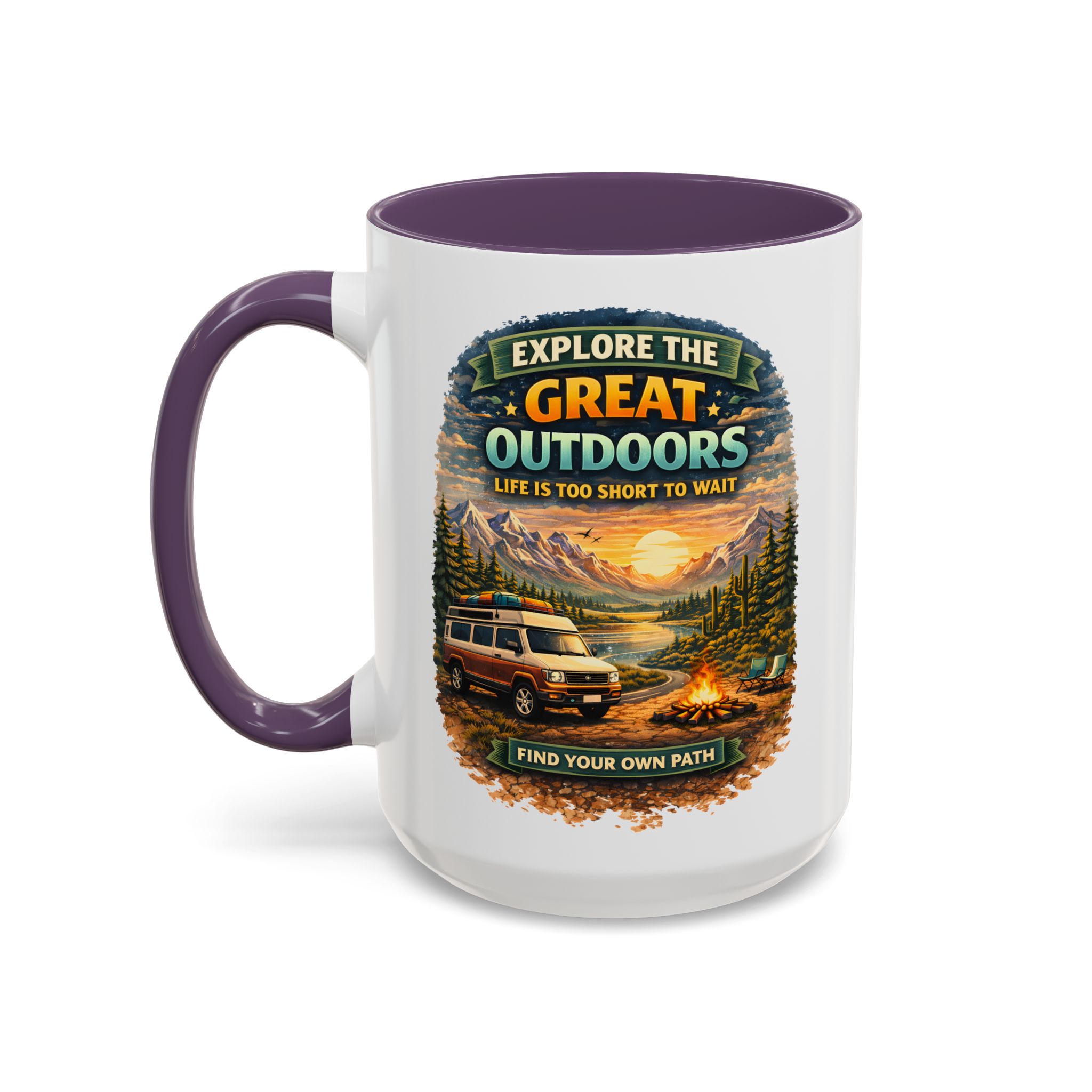 Accent Coffee Mug (11, 15oz) — "Explore The Great Outdoors" Design Scenic-Line