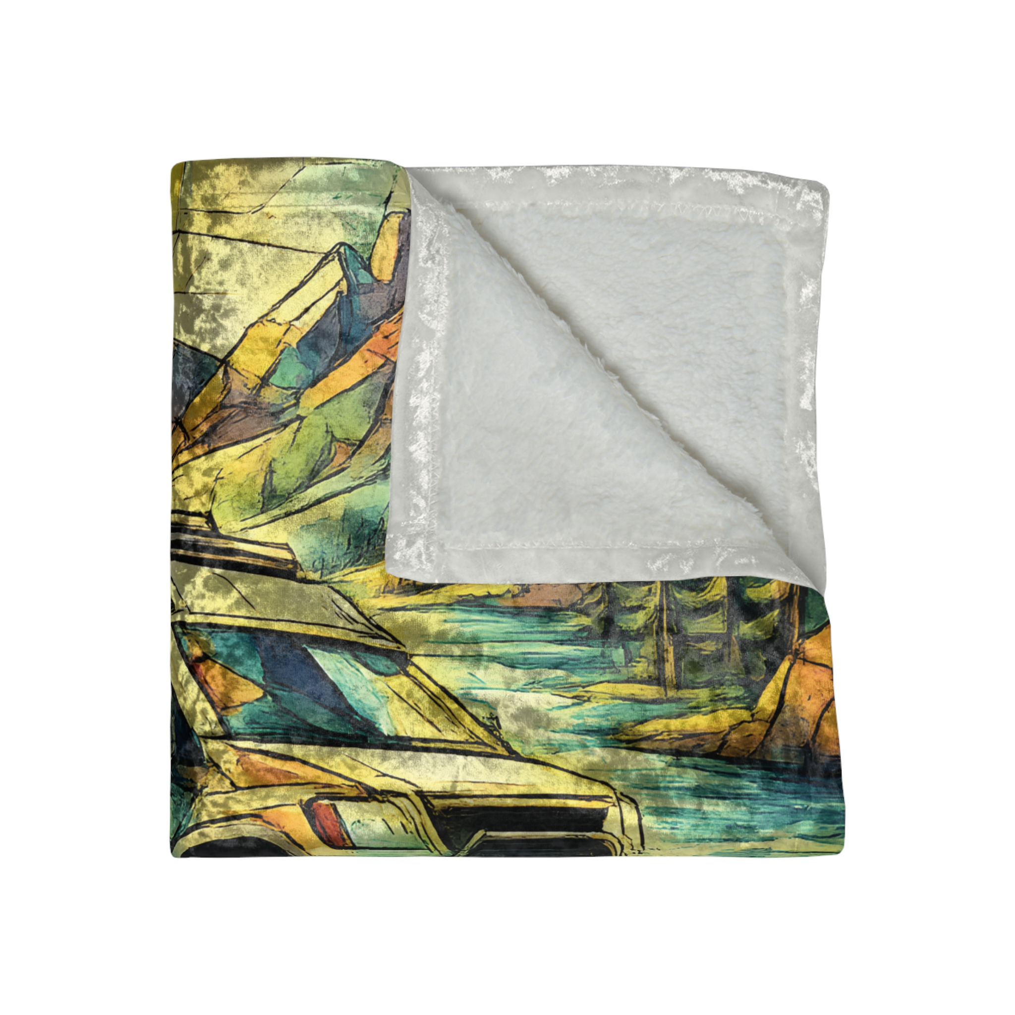 Crushed Velvet Blanket —"Adventure More Worry Less" Design Cubic-Line (Campervan)
