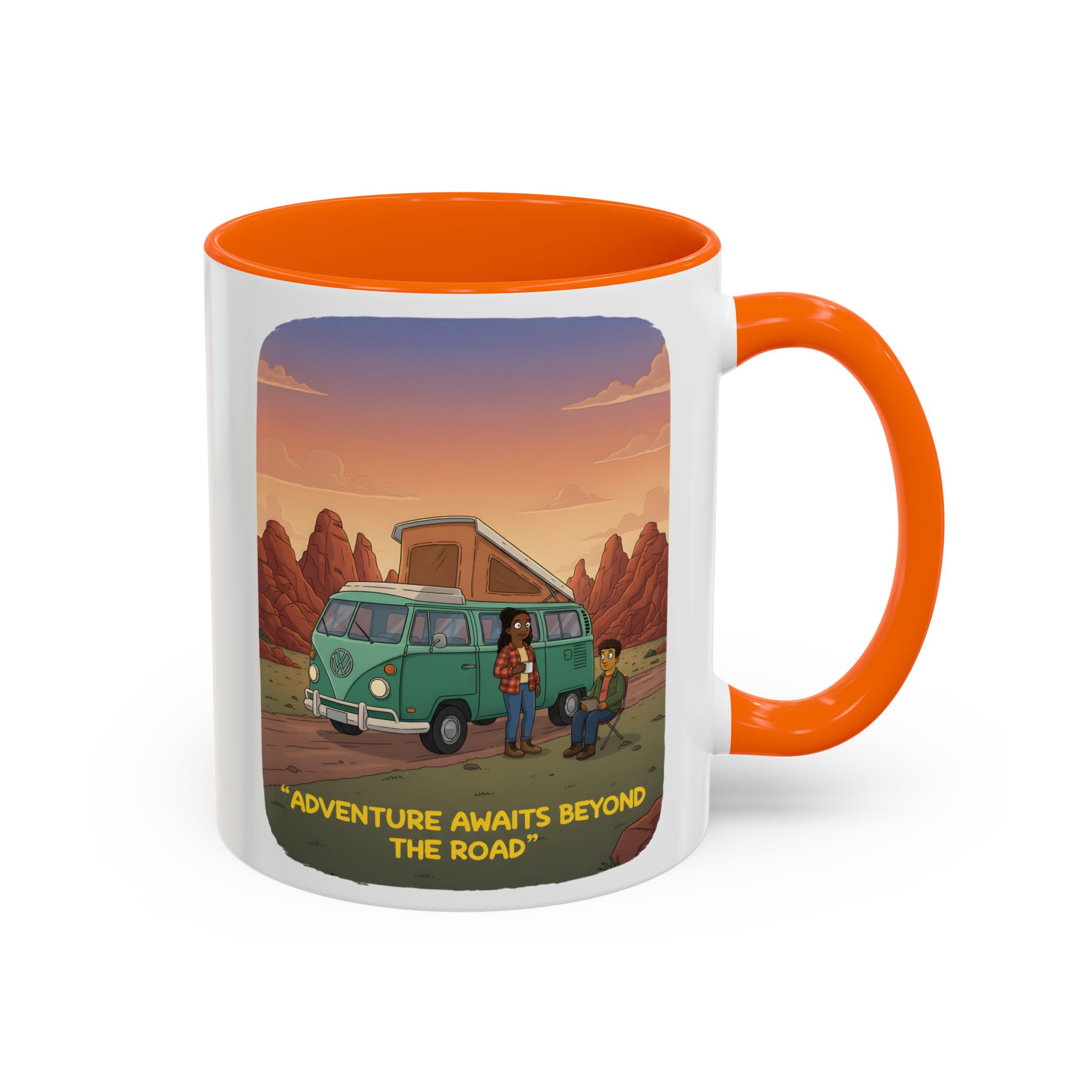 Accent Coffee Mug (11, 15oz) — "Adventure Awaits Beyond The Road" Design Sitcom-Line
