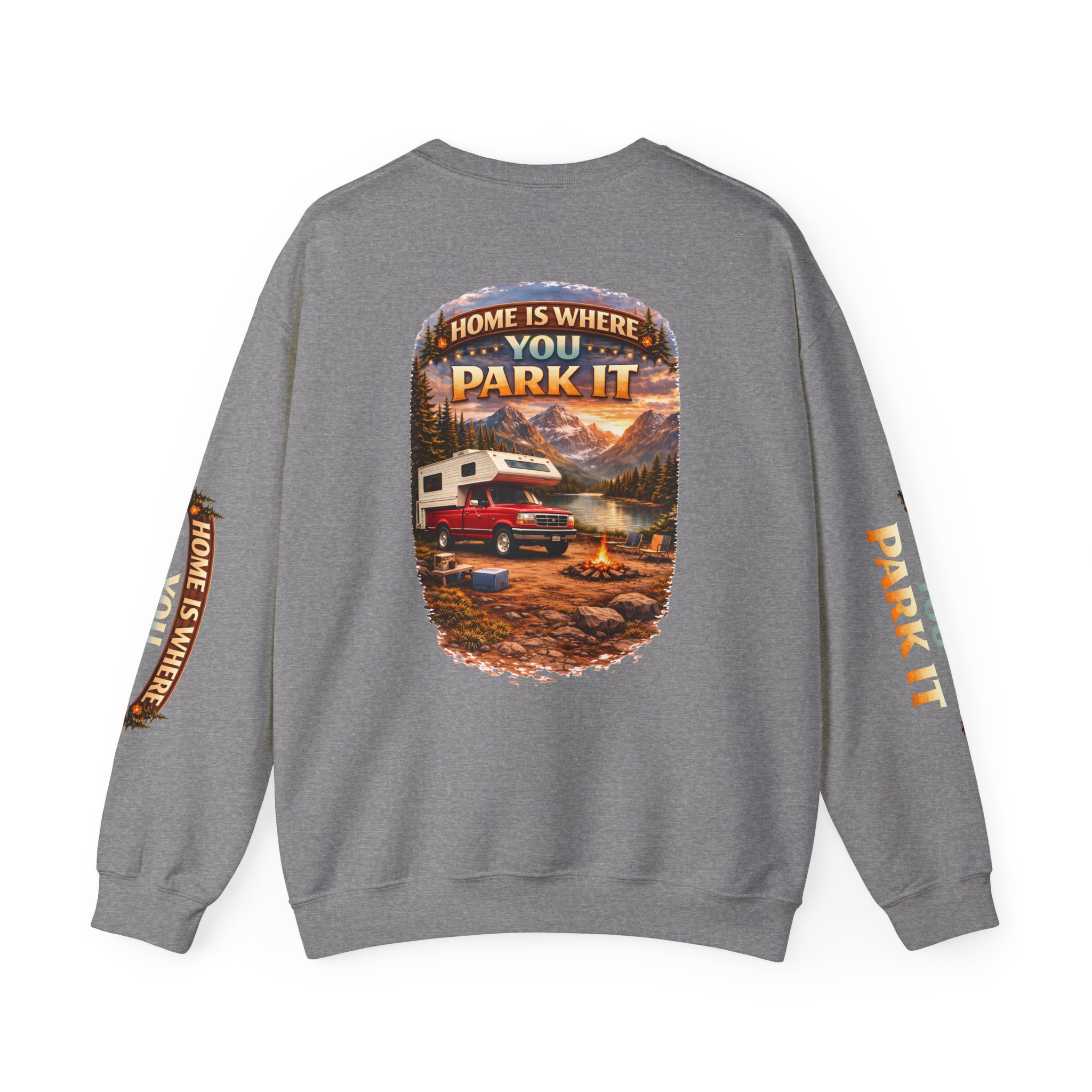Unisex Heavy Blend™ Crewneck Sweatshirt — "Home Is Where You Park It" Design Scenic-Line