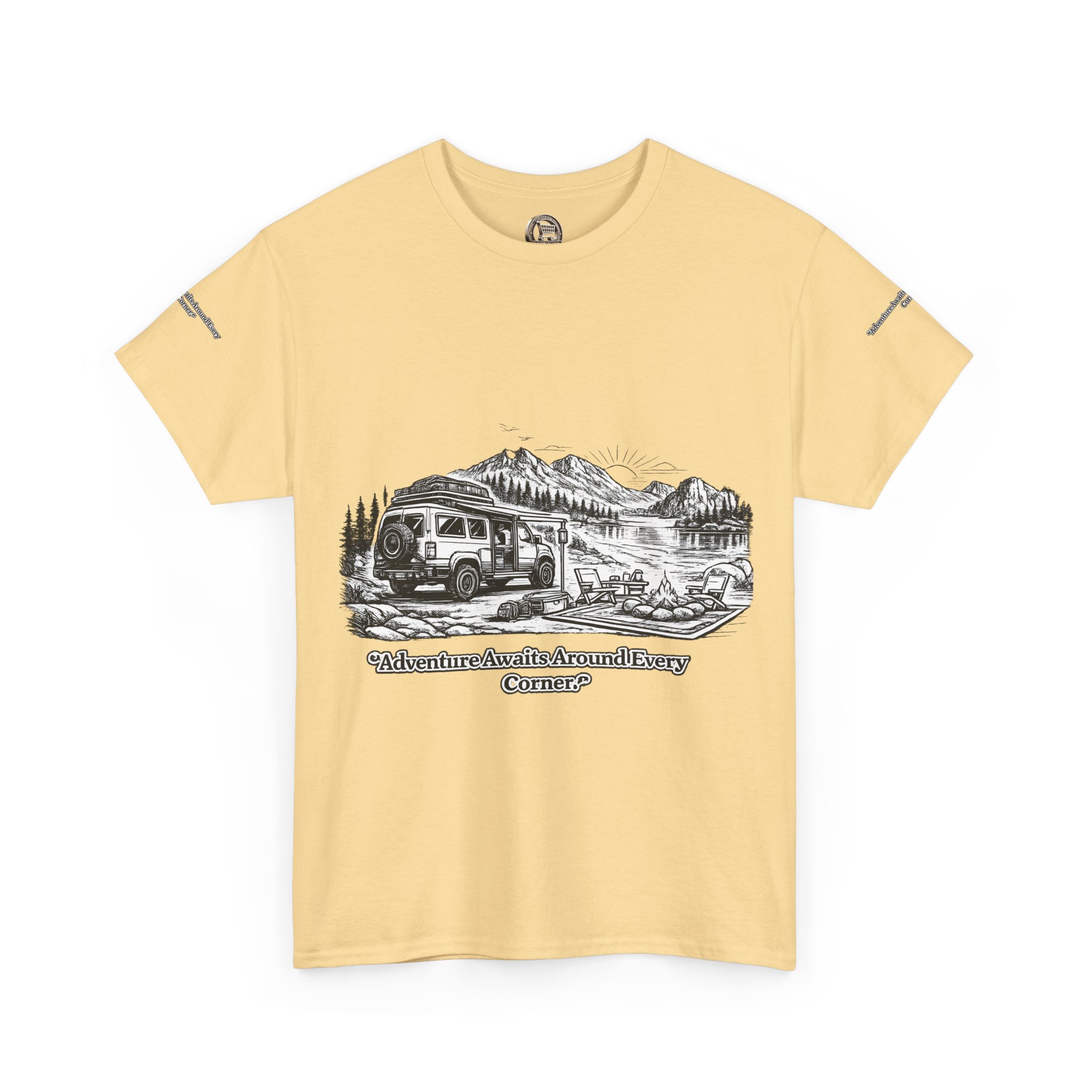 Unisex Heavy Cotton Tee — "Adventure Awaits Around Every Corner" Design Minimal-Line