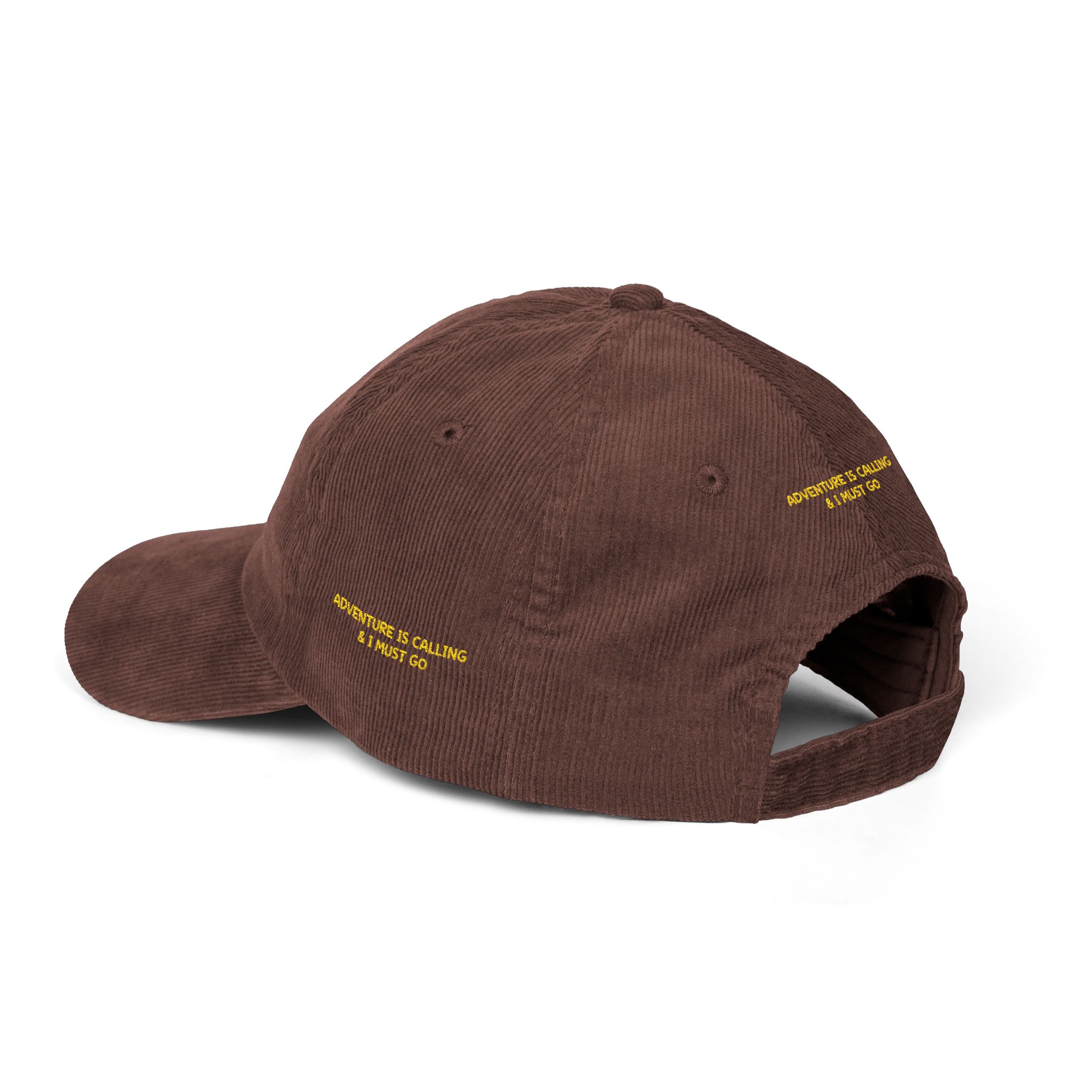 Vintage Corduroy Cap (Embroidery) — "Adventure Is Calling & I Must Go" Embroidered Hat