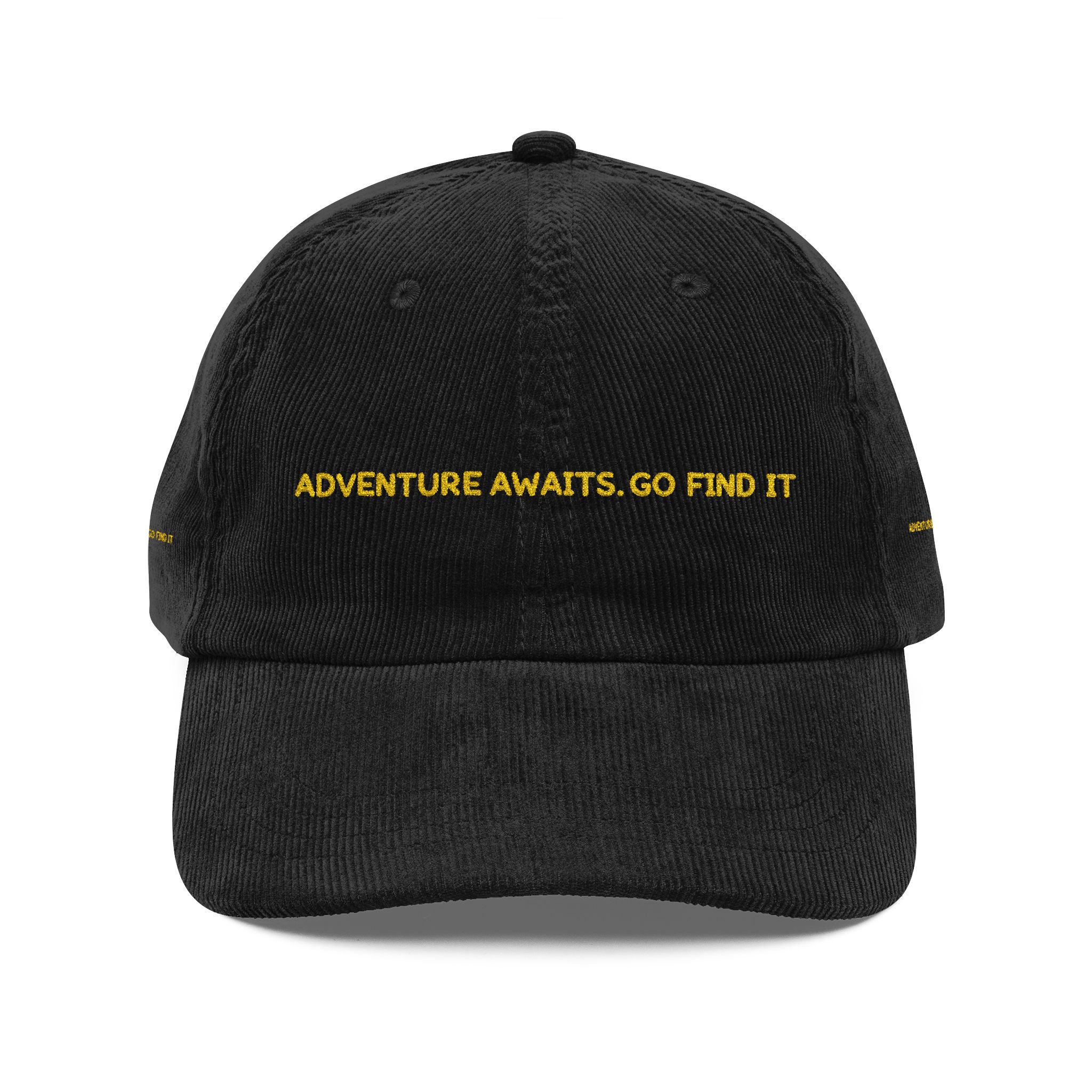 Vintage Corduroy Cap (Embroidery) — "Adventure Awaits, Go Find It" Embroidered Hat