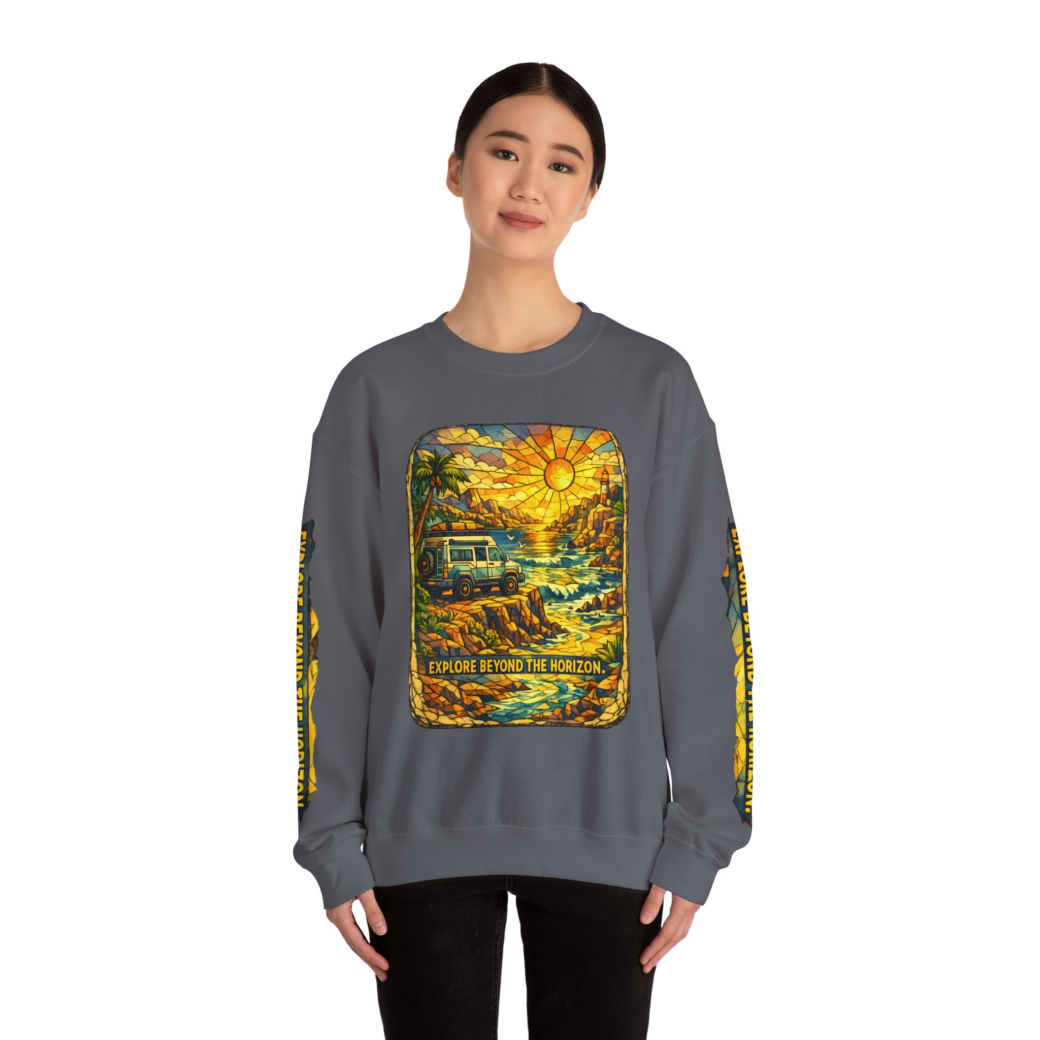 Unisex Heavy Blend™ Crewneck Sweatshirt — "Explore Beyond The Horizon" Design Cubic-Line