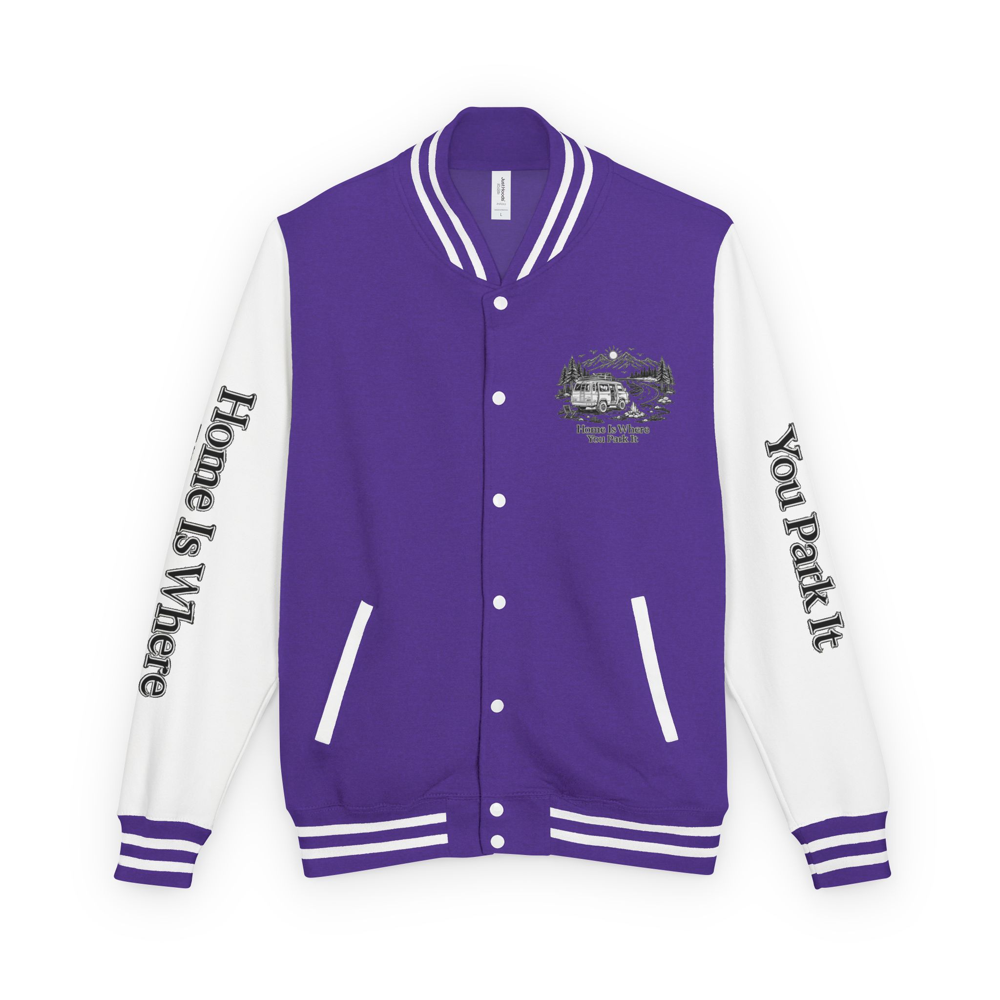 Unisex Heavyweight Letterman Jacket — "Home Is Where You Park It" Travel Varsity Coat