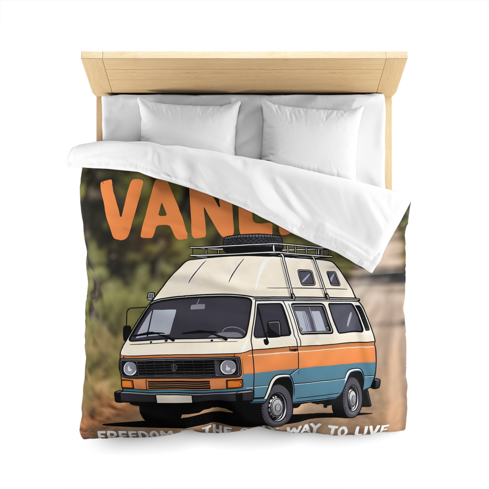 Duvet Cover — "Vanlife freedom is the only way to live" Retro Camper Van Freedom Bedding