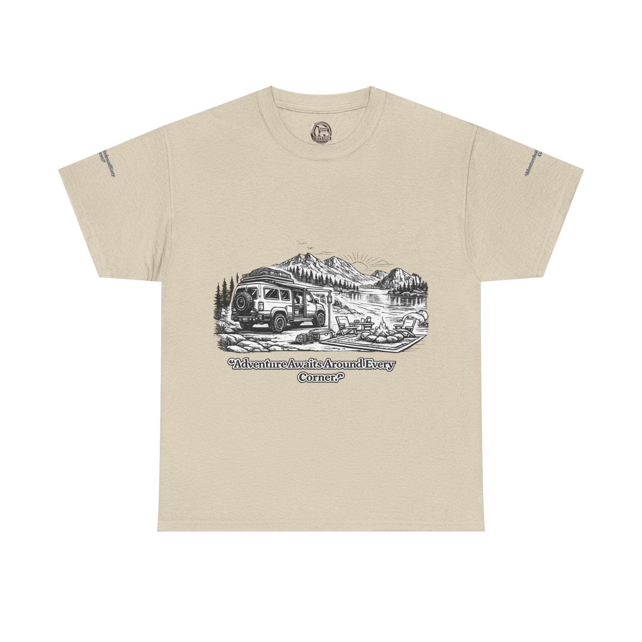Unisex Heavy Cotton Tee — "Adventure Awaits Around Every Corner" Design Minimal-Line