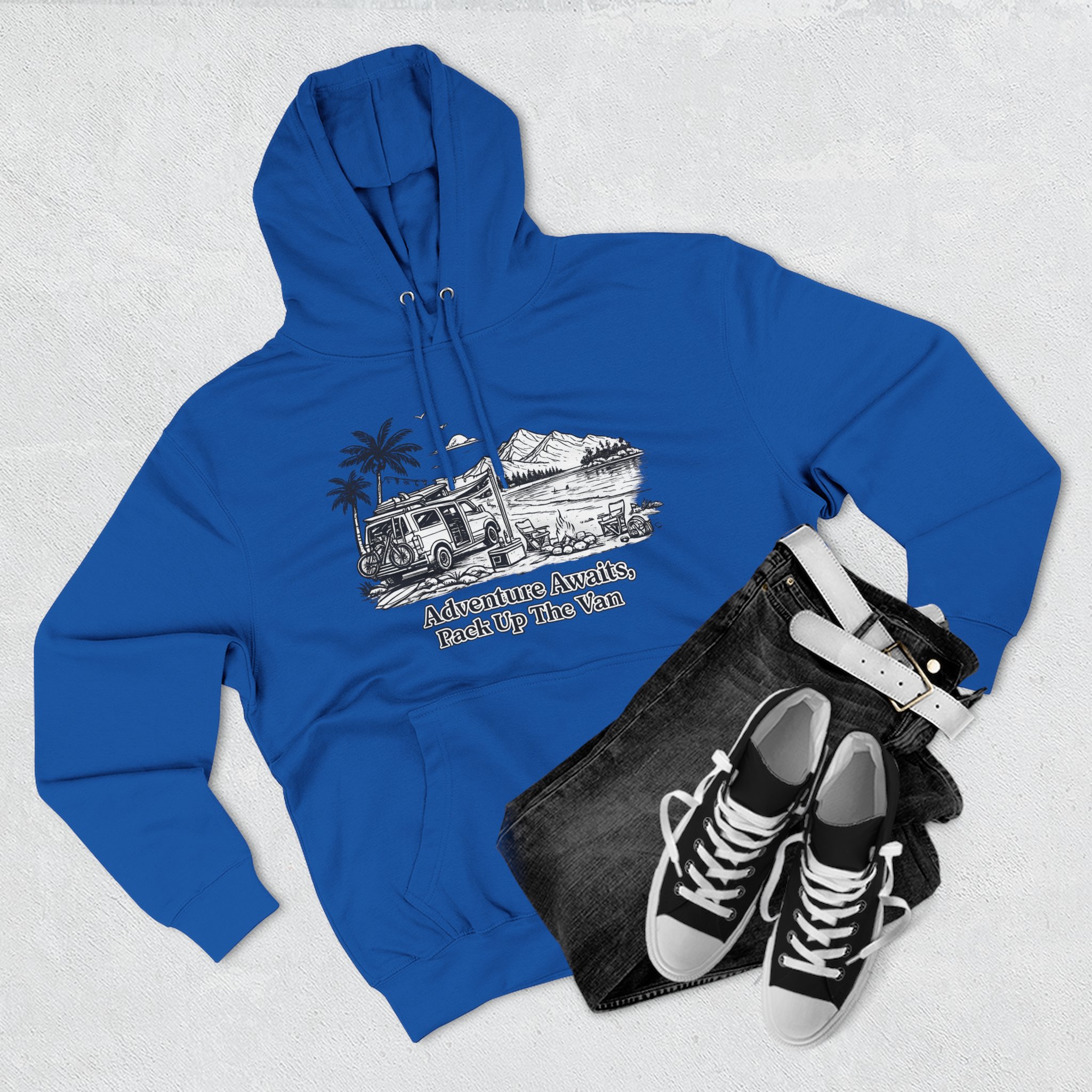 Three-Panel Fleece Hoodie - "Adventure Awaits,Pack Up The Van" Design Minimal-Line