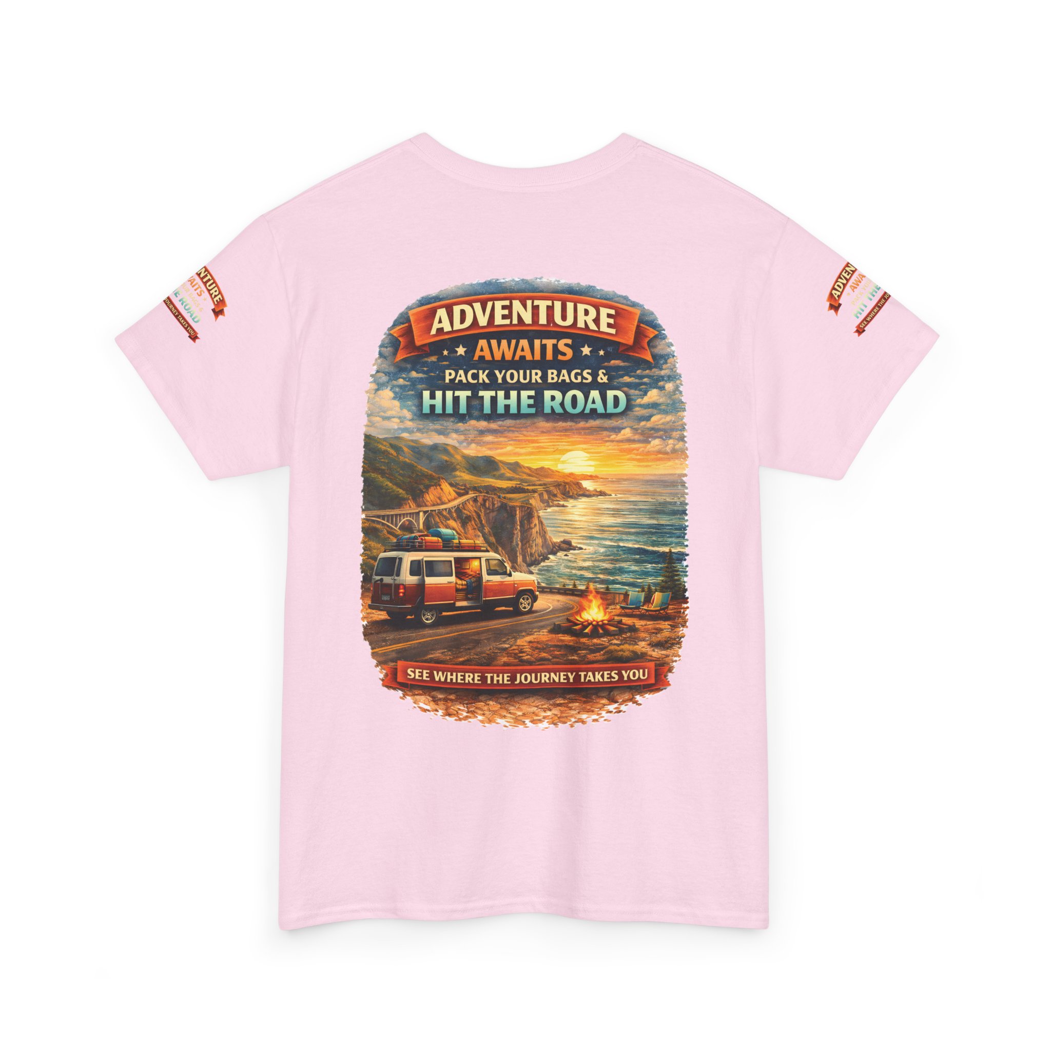Unisex Heavy Cotton Tee — "Adventure Awaits-Pack Your Bags" Design Scenic-Line