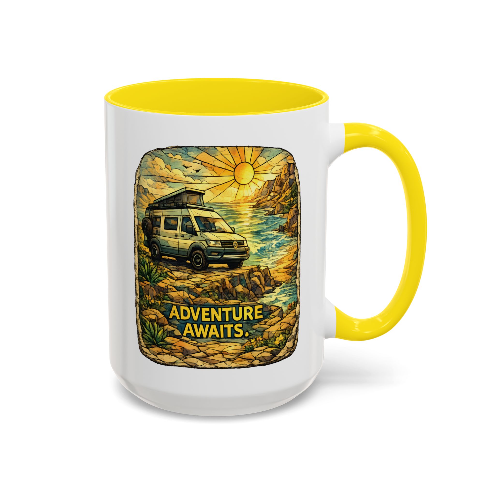 Accent Coffee Mug (11, 15oz) — "Adventure Awaits" Design Cubic-Line