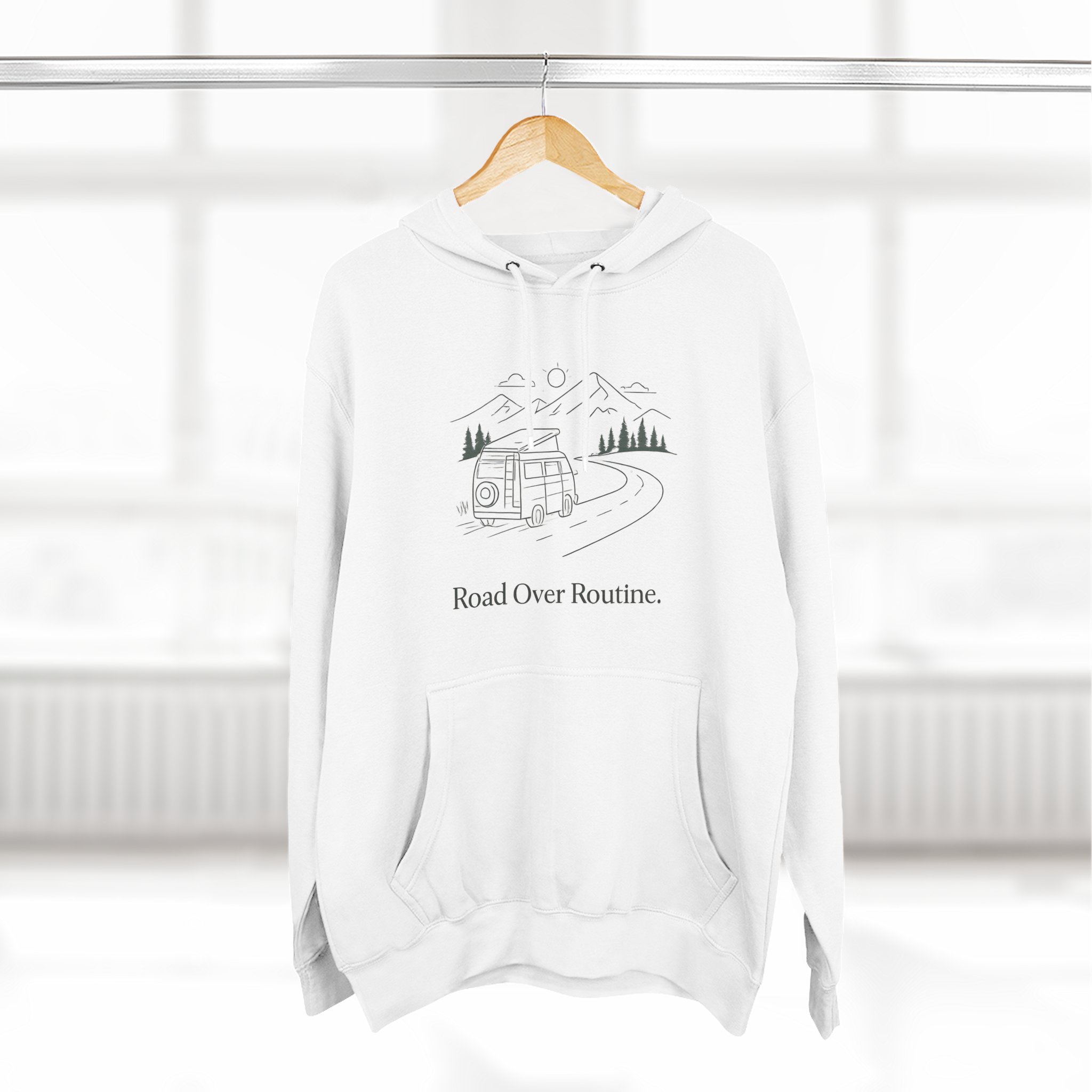 Three-Panel Fleece Hoodie - "Road Over Routine" Design Minimal-Line