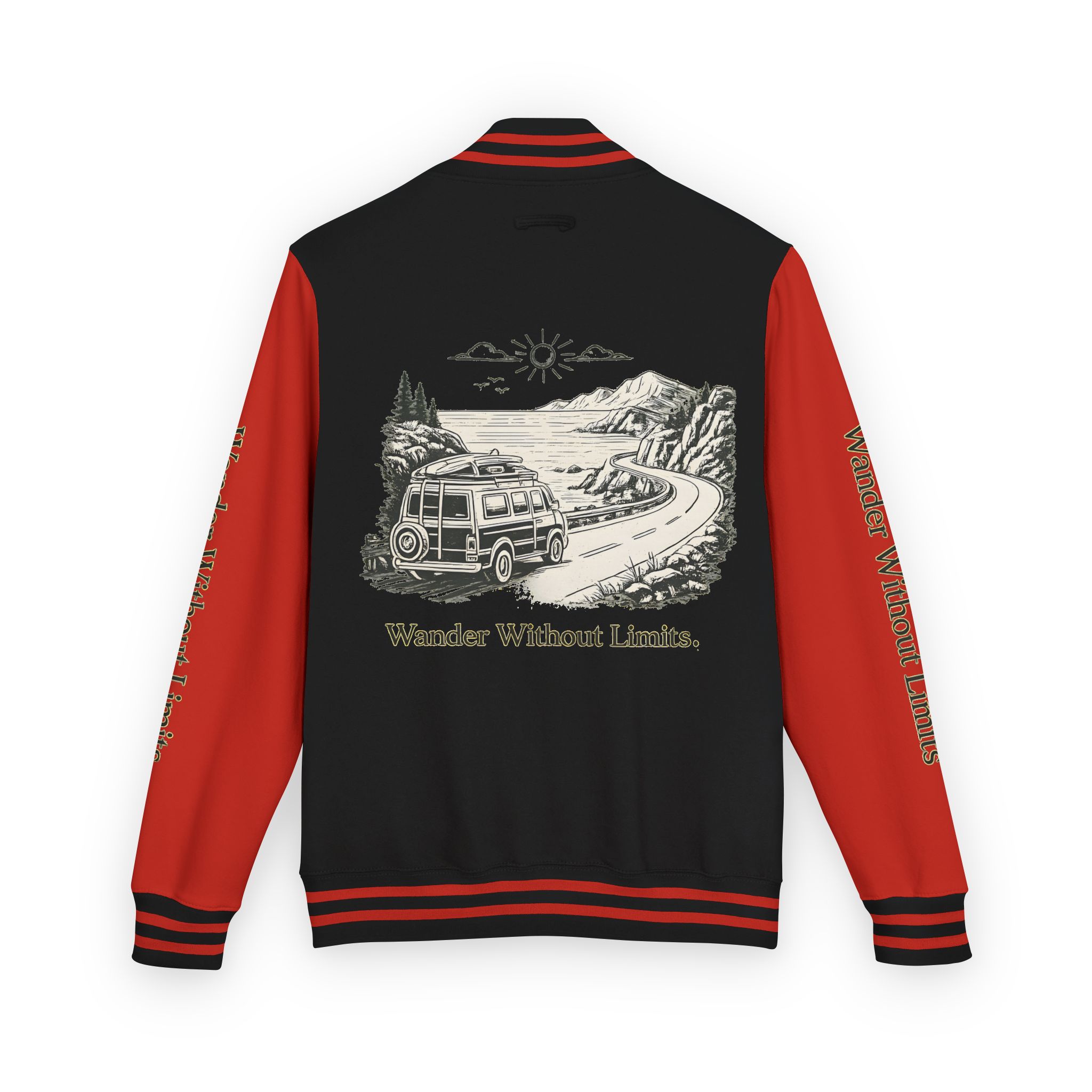 Unisex Heavyweight Letterman Jacket — "Wander Without Limits" Travel Varsity Coat