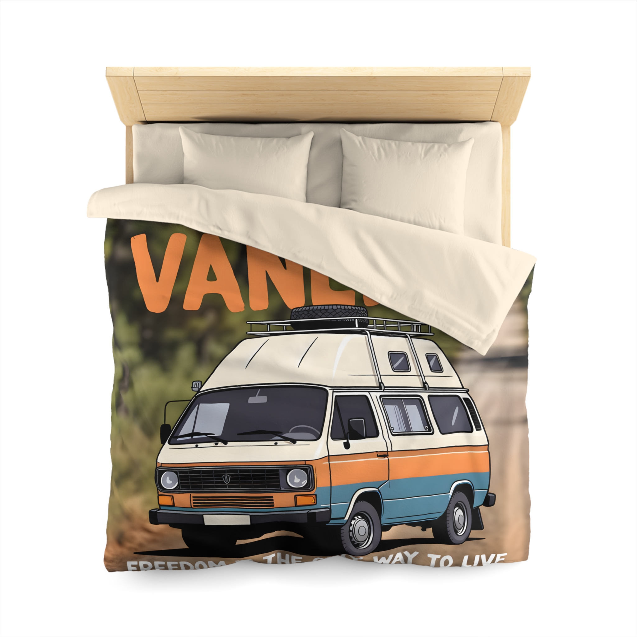 Duvet Cover — "Vanlife freedom is the only way to live" Retro Camper Van Freedom Bedding