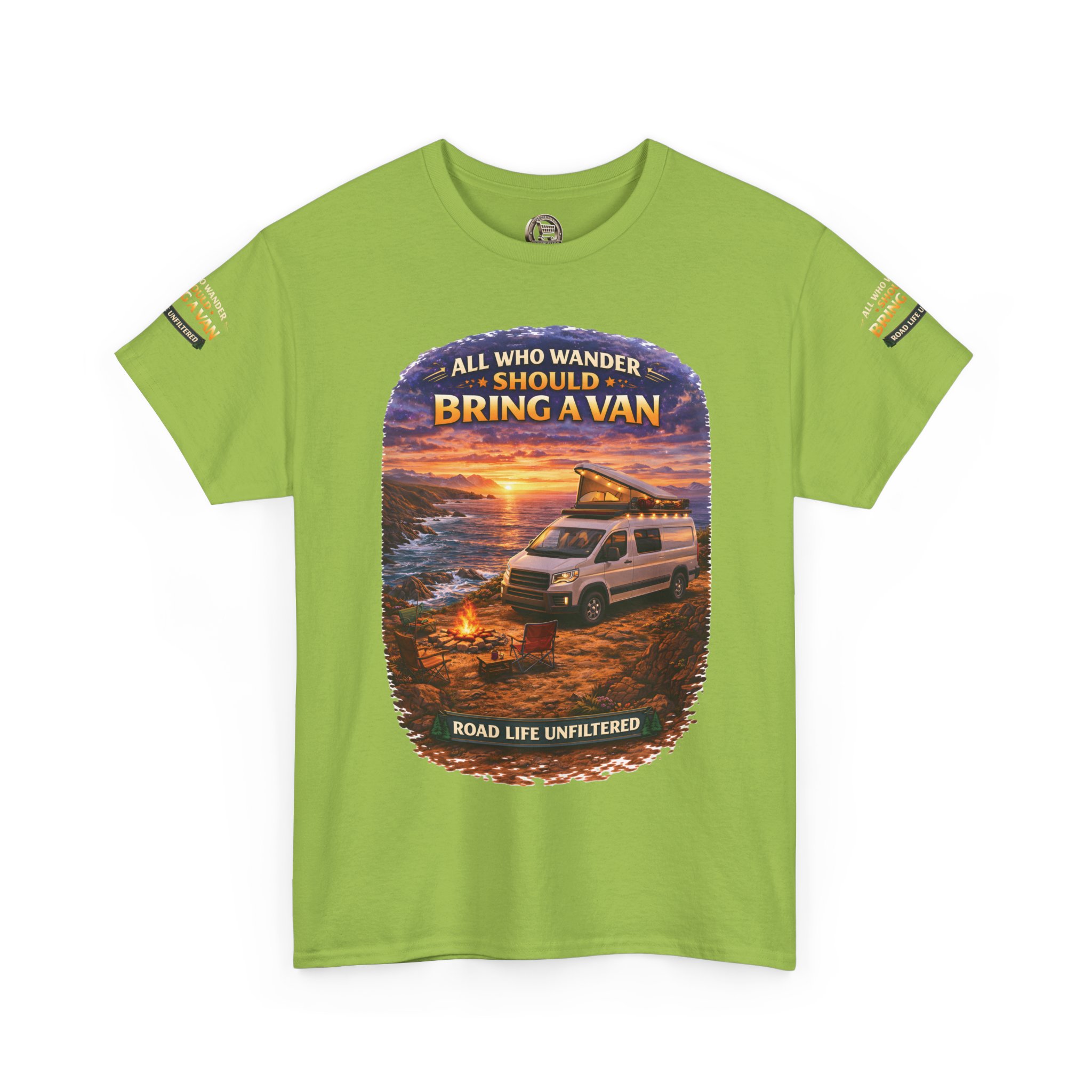 Unisex Heavy Cotton Tee — "All Who wander Should Bring A Van" Design Scenic-Line