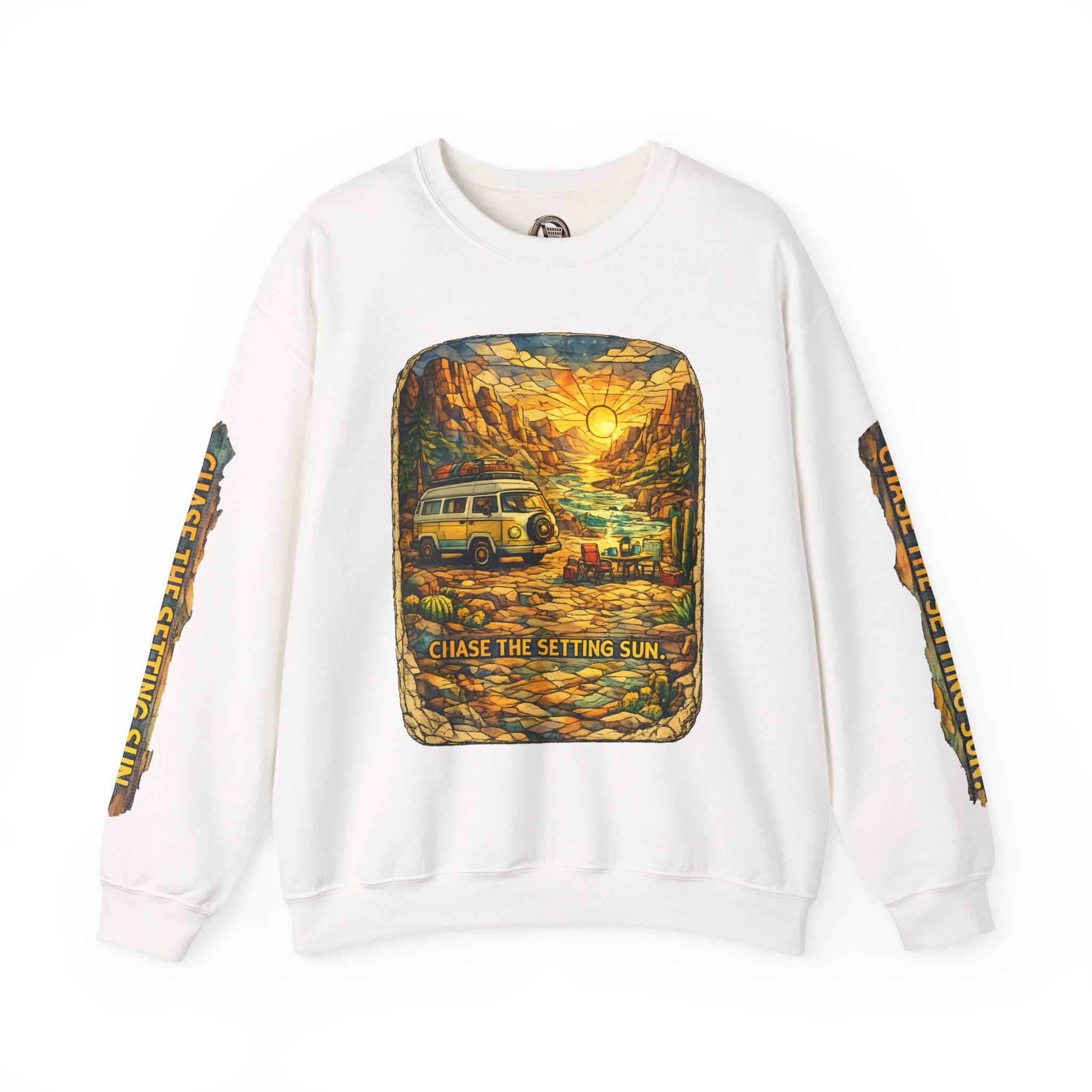 Unisex Heavy Blend™ Crewneck Sweatshirt — "Chase The Settings Sun" Design Cubic-Line