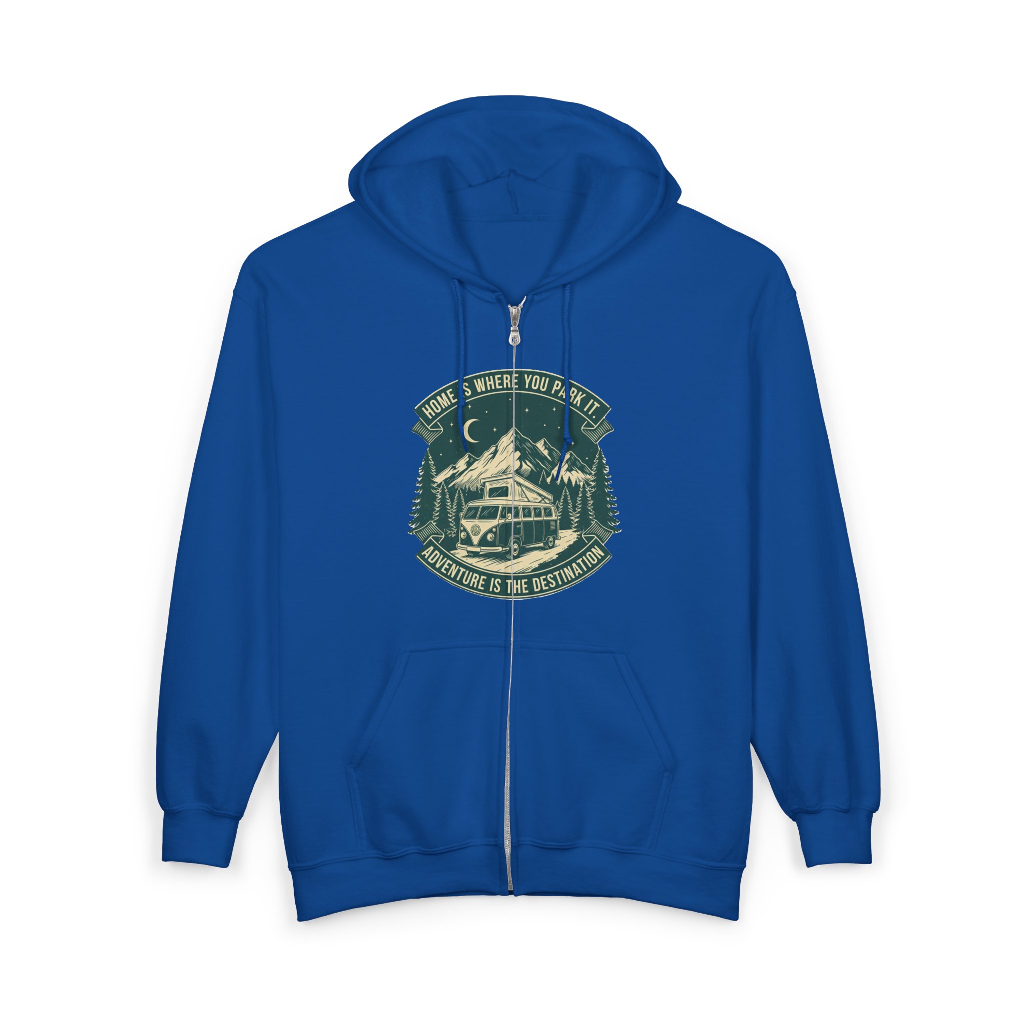 Zip Hoodie — "Home Is Where You Park It-Adventure is the destination"(Only Front Printed) Camper Van Adventure Zip-Up