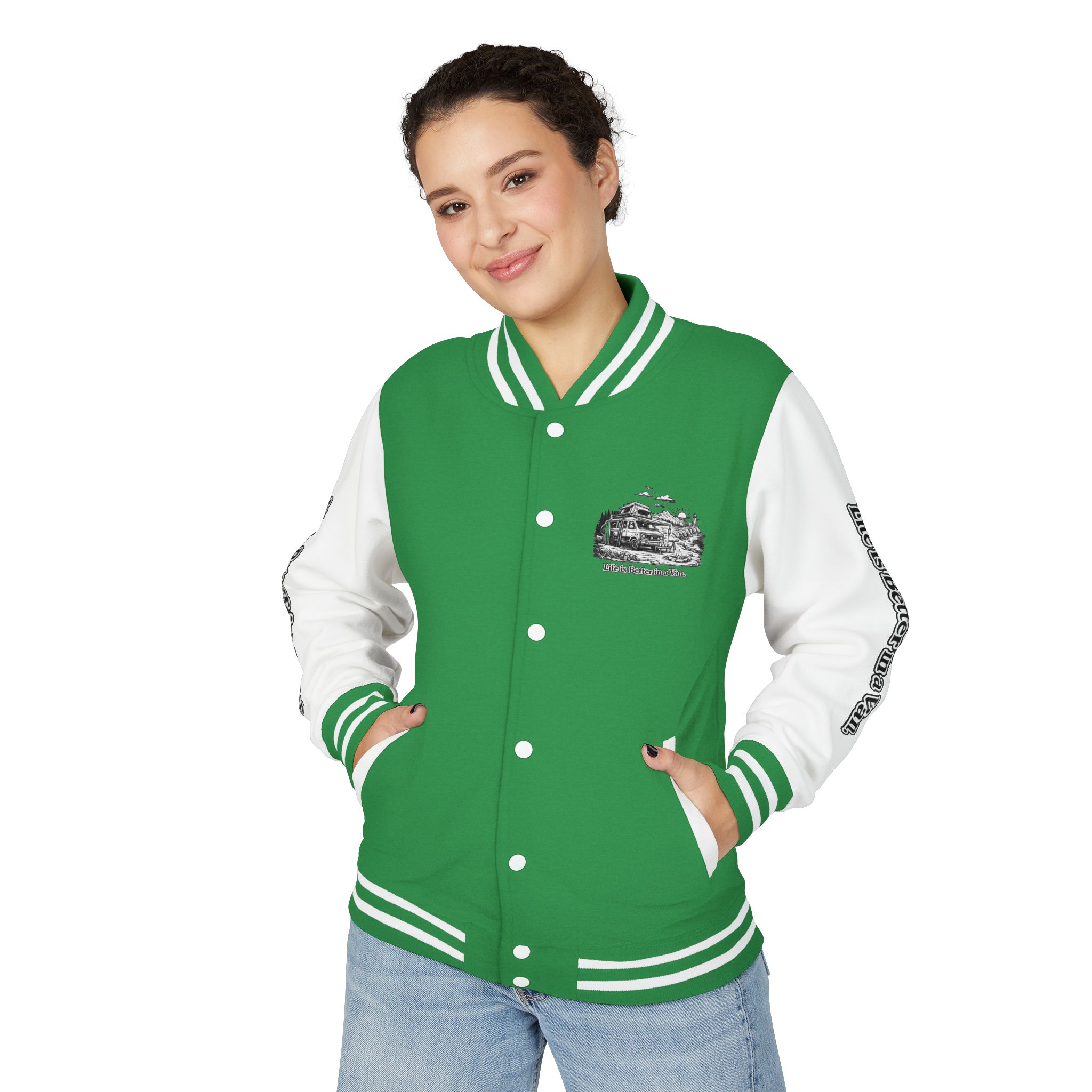 Unisex Heavyweight Letterman Jacket — "Life Is Better In A Van" Travel Varsity Coat