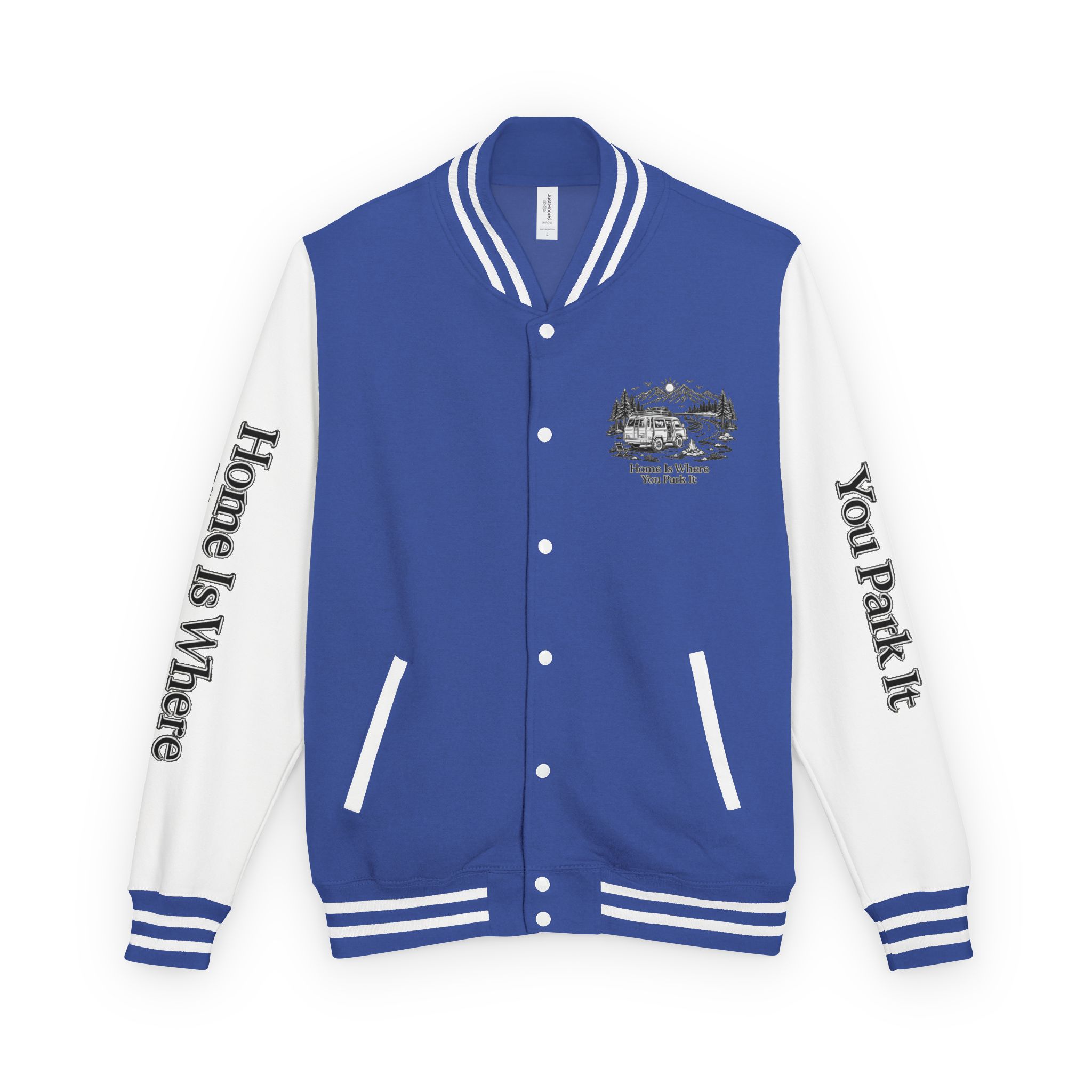 Unisex Heavyweight Letterman Jacket — "Home Is Where You Park It" Travel Varsity Coat
