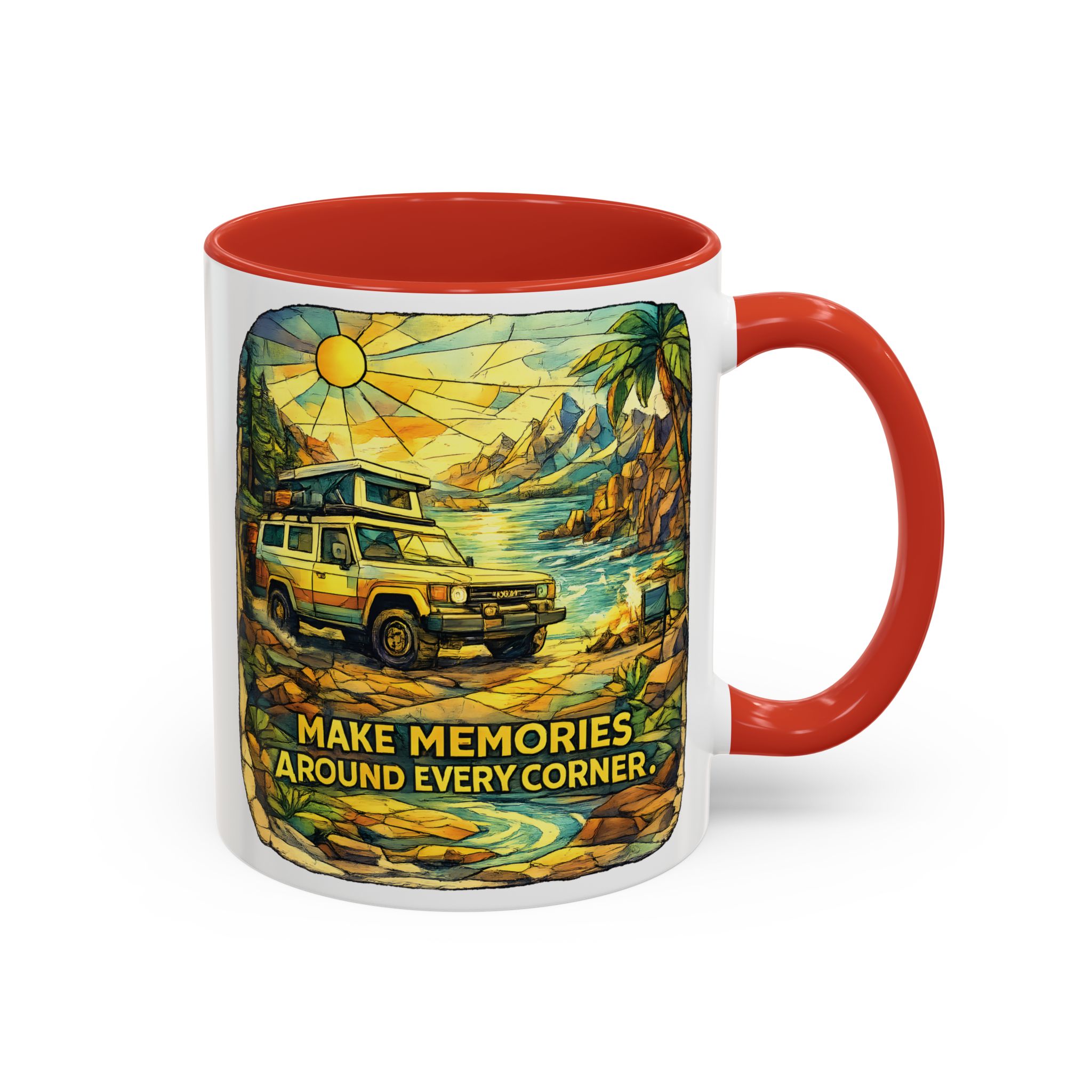 Accent Coffee Mug (11, 15oz) — "Make Memories Around Every Corner" Design Cubic-Line