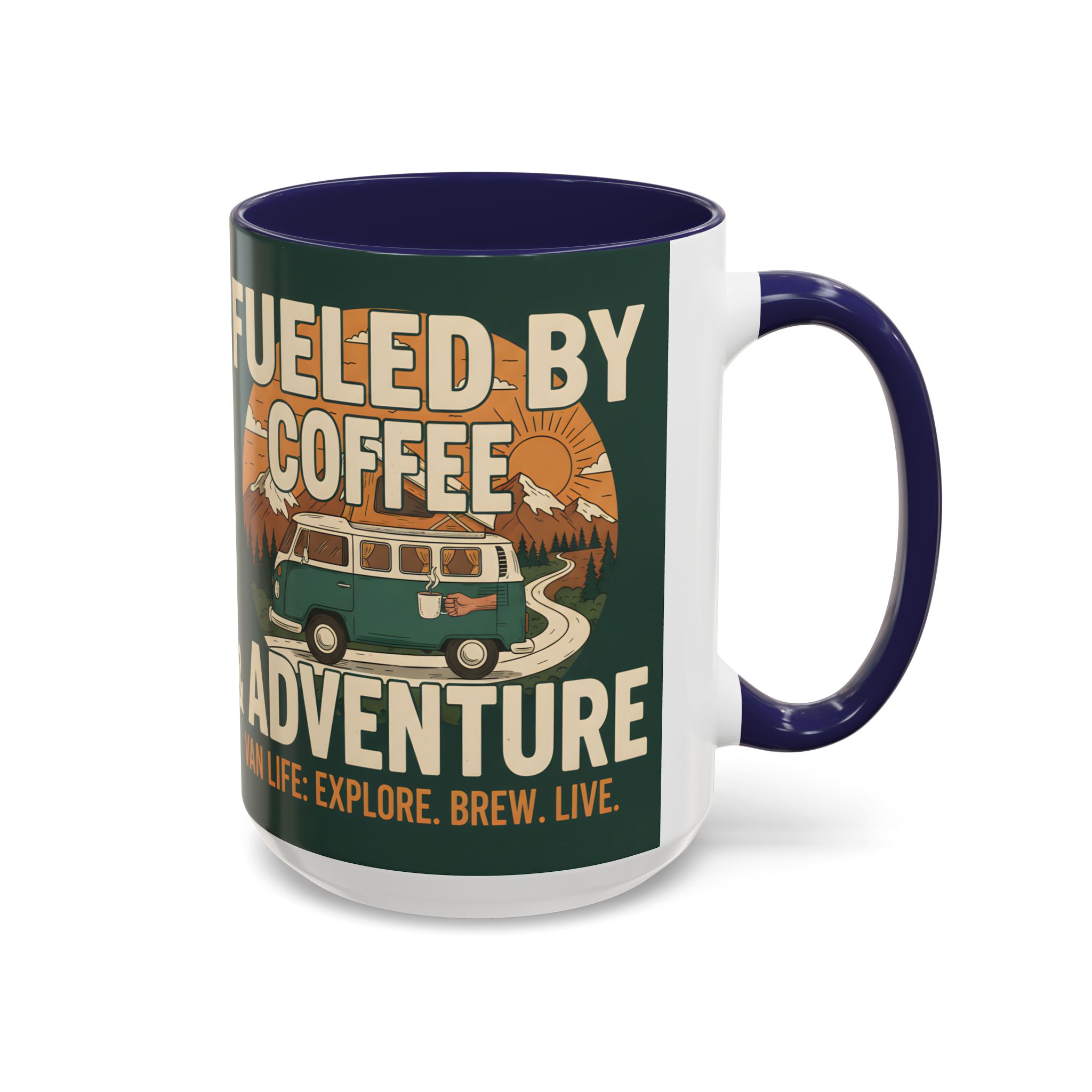 Accent Coffee Mug (11, 15oz) — "Fueled by Coffee & Adventure"