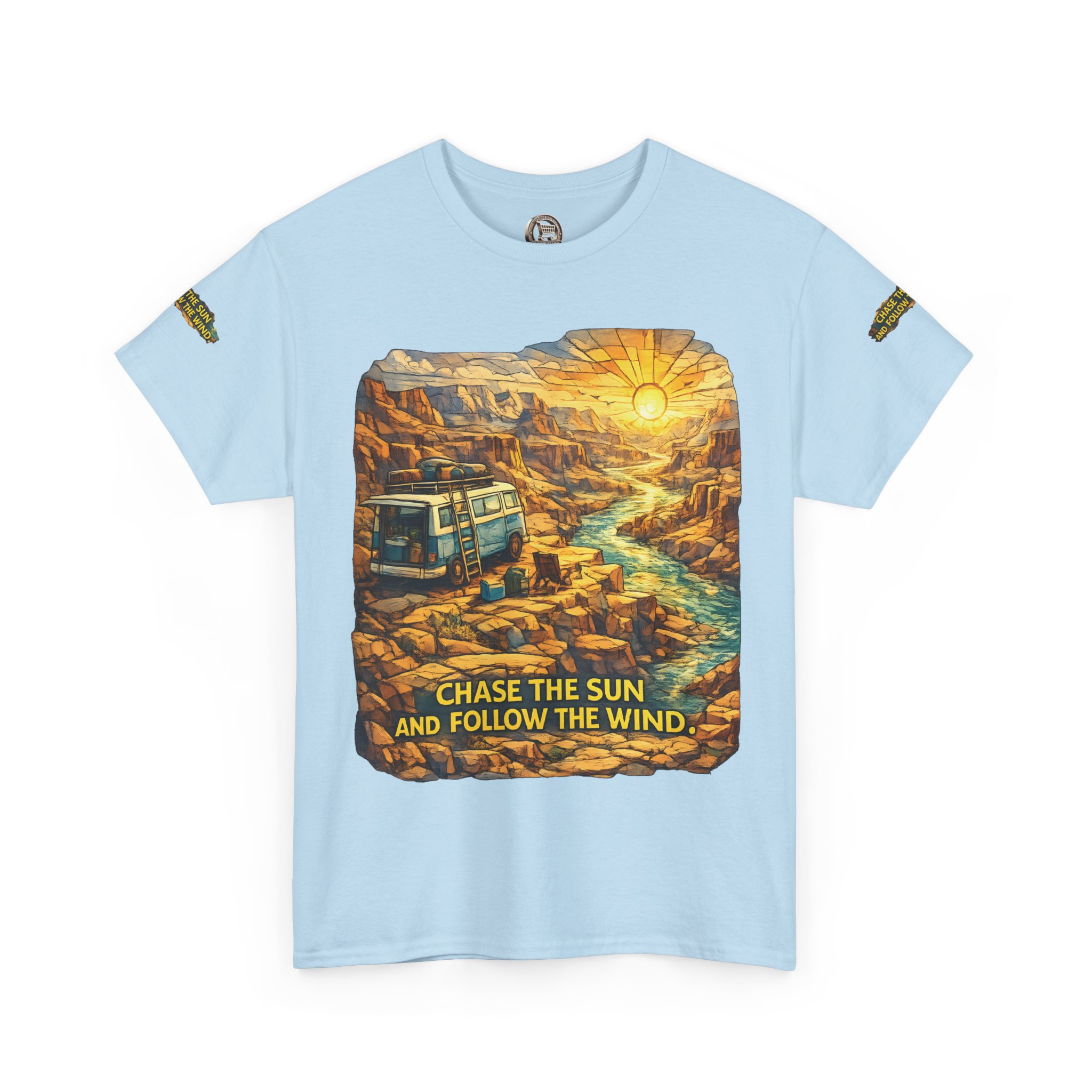 3384360594807246330_2048.jpeg Unisex Heavy Cotton Tee — "Chase The Sun And Follow The Wind" Design Cubic-Line