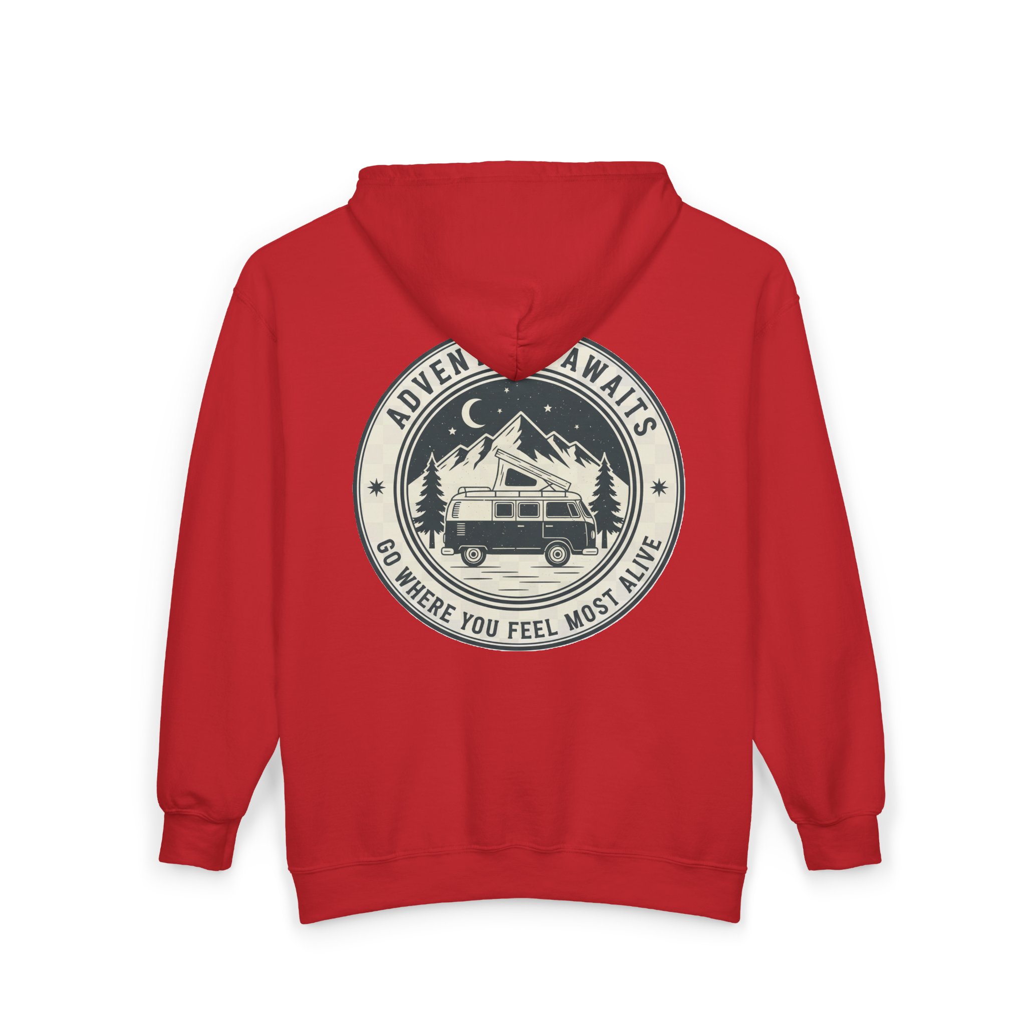 Zip Hoodie — "Adventure Awaits-Go Where You Feel Most Alive" (Only Back Printed) Camper Van Adventure Zip-Up
