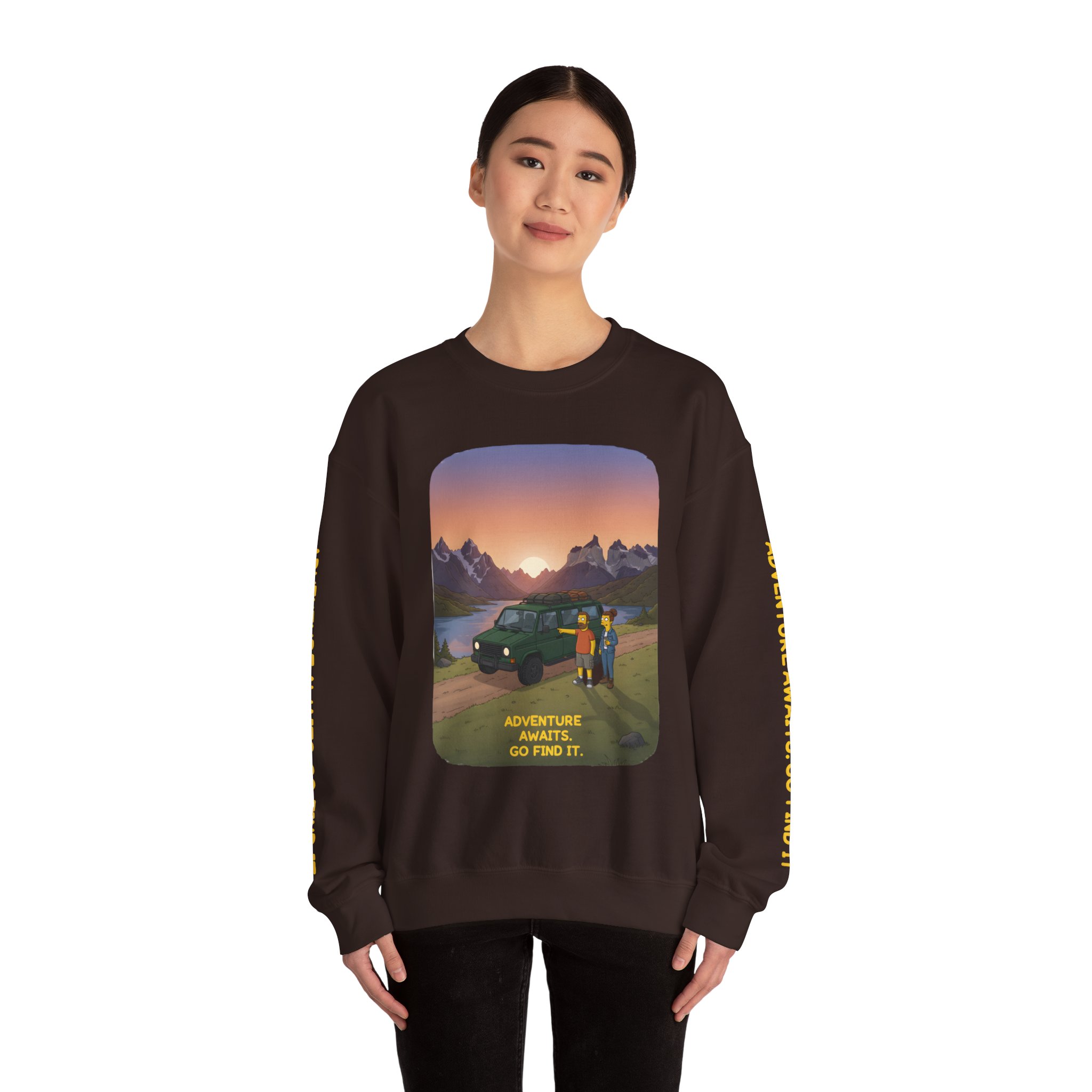 Unisex Heavy Blend™ Crewneck Sweatshirt — "Adventure Awaits-Go Find It" Design Sitcom-Line